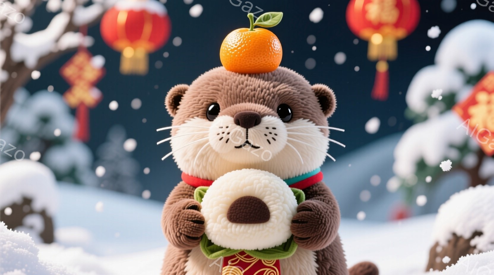 ふわふわの赤茶色のレッサーパンダが、赤い背景に置かれています。パンダは正面を向き、丸い体と短い手足を広げて座っており、つぶらな瞳が愛らしい表情を作り出しています。背景には、金色のコインや提灯、そして赤い模様が描かれた背景があり、お祝いの雰囲気を醸し出しています。