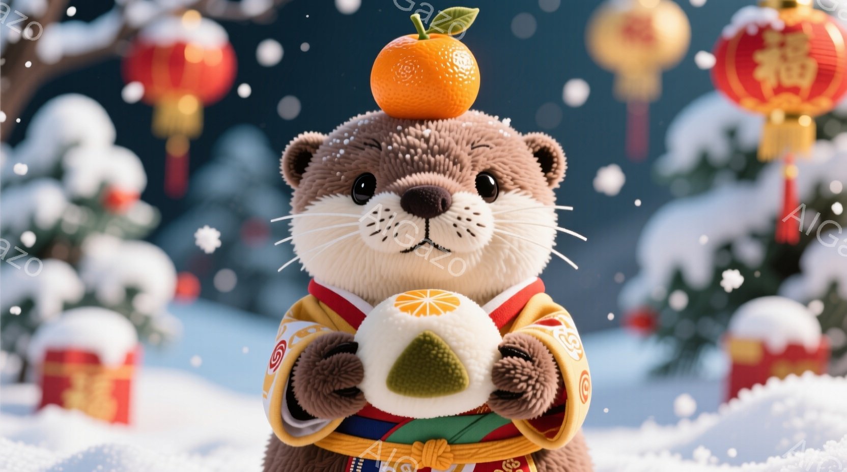 ふわふわの茶色いカワウソが、日本の伝統的な衣装を着て雪景色の中に立っています。頭にはみかんが乗せられ、両手で白いお団子を大切そうに抱えています。背景には雪に覆われた木々と赤い提灯が散りばめられ、冬の暖かく穏やかな雰囲気を醸し出しています。