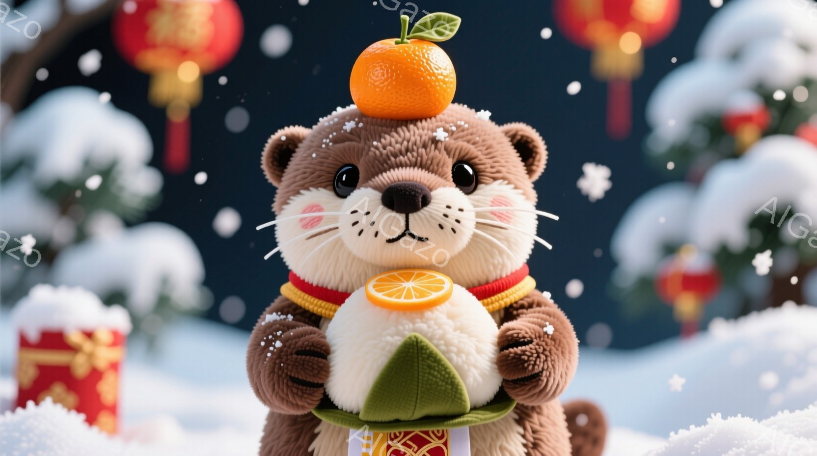 茶色いカワウソのぬいぐるみは、頭にオレンジを乗せ、手には緑色の包み（おそらくお年玉）を持っています。背景には雪が降り積もり、赤い提灯がぼんやりと見え、冬の穏やかなお祝いの雰囲気が漂っています。カワウソは愛らしい表情で、ほのぼのとした温かい気持ちになります。