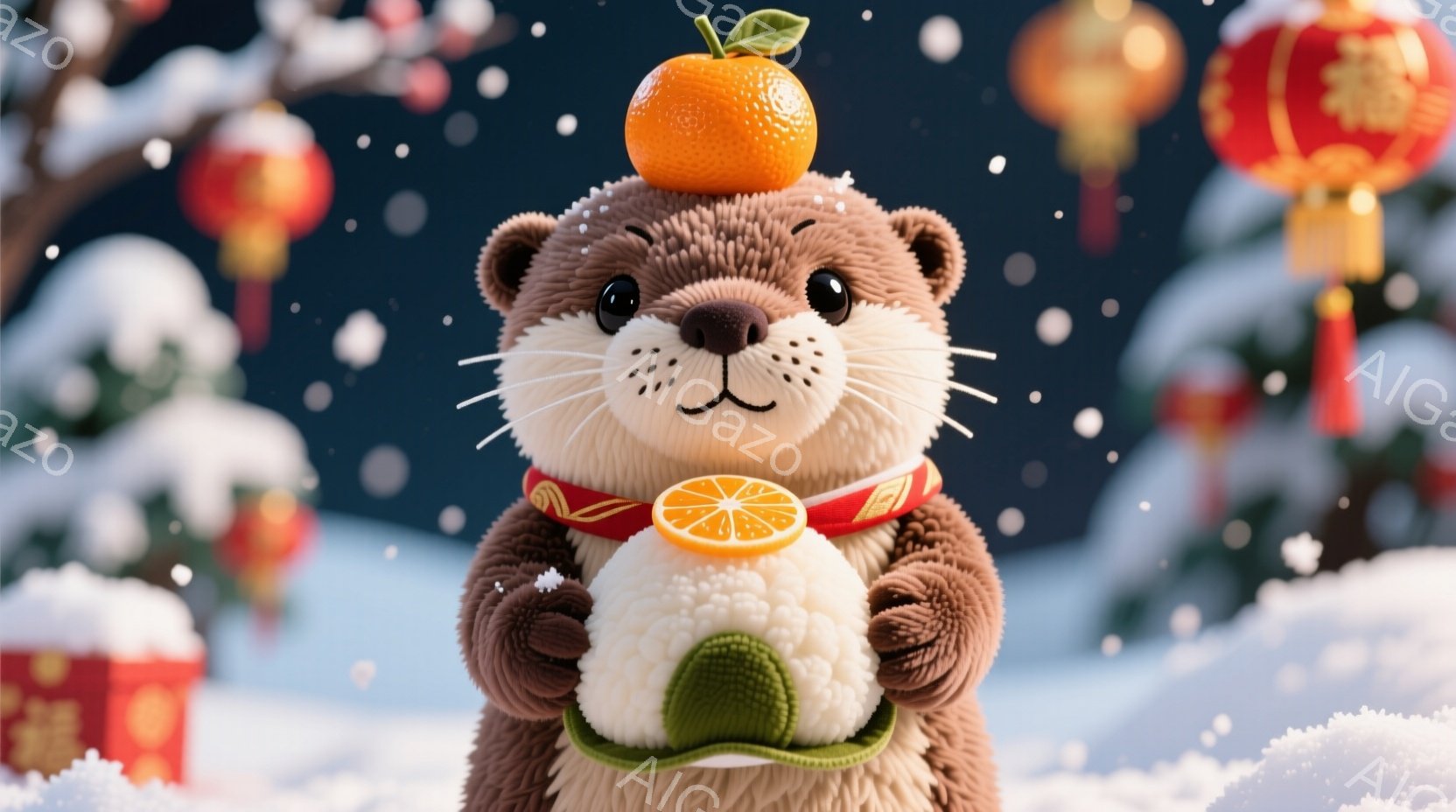 柔らかな茶色のカワウソが、頭にオレンジ、腕に白くて丸いお団子を抱えています。赤い帯と飾り紐が巻かれ、愛らしい表情をしています。背景には雪が降り積もり、赤い提灯がぼんやりと見える、暖かく優しい雰囲気のイラストです。