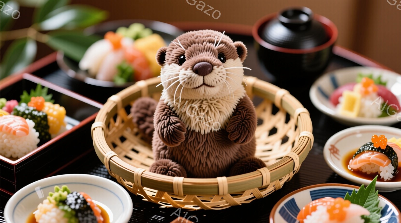 籠の中に茶色のカワウソのぬいぐるみが入っており、正面を見据えています。周囲には寿司が盛られた皿がいくつか配置され、黒い台の上に置かれています。全体的に温かみのある雰囲気で、お寿司とカワウソのぬいぐるみ - AI生成フリー素材