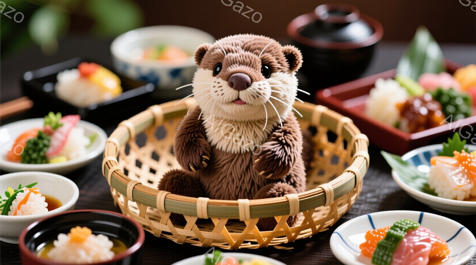 籐編みのカゴの中に、茶色いカワウソのぬいぐるみが座っています。周囲には、寿司や煮物など、様々な和食が並べられた皿が置かれており、まるでカワウソが食事を楽しんでいるかのような構図です。全体的に温かみのある雰囲気で、和食と可愛らしいカワウソの組み合わせがほほえましいです。
