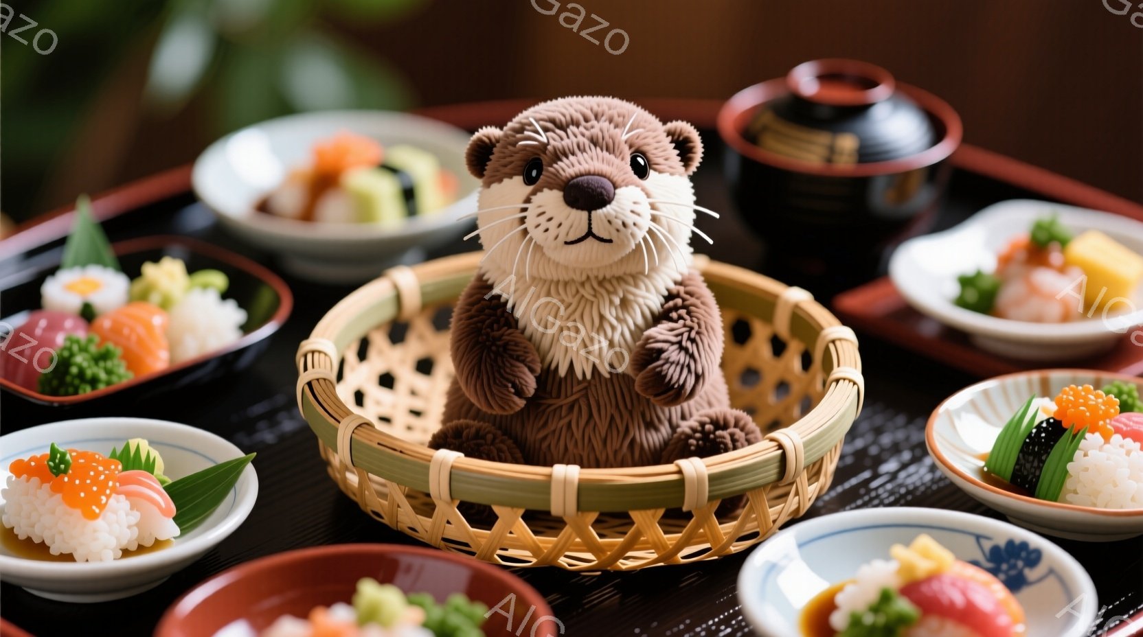 籐編みのカゴの中にカワウソのぬいぐるみが入っており、周囲には寿司や海鮮丼が並べられています。ぬいぐるみは正面を向いており、明るい表情で、まるで食事を楽しんでいるかのようです。背景は黒色のテーブルで、上品で落ち着いた雰囲気が漂っています。