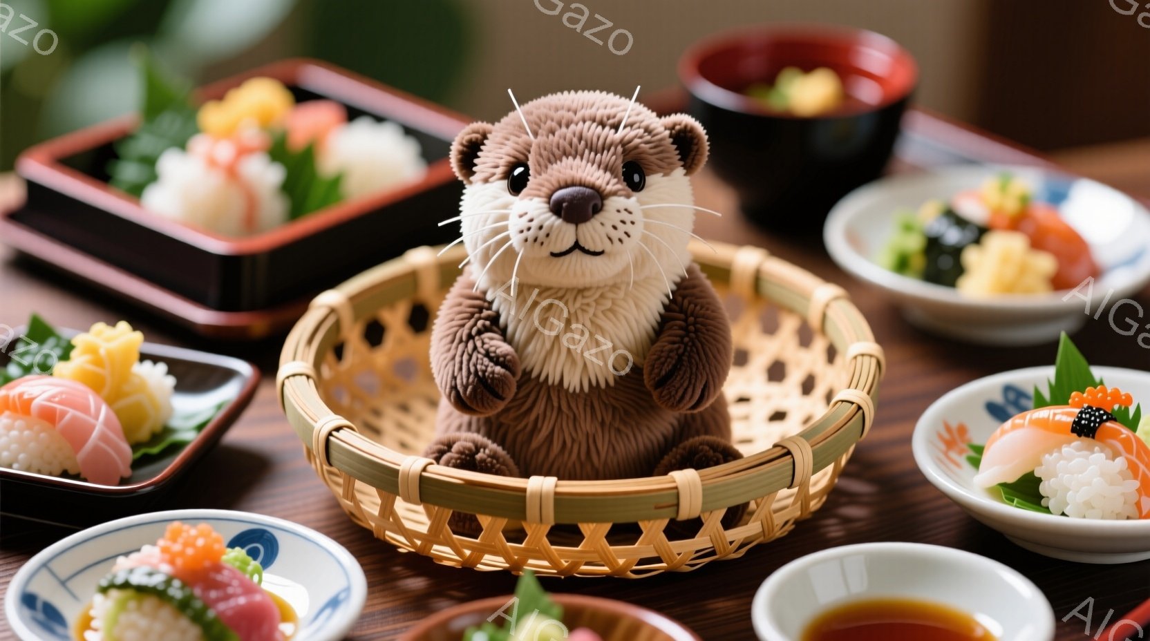 籐編みの浅い籠の中に、愛らしいカワウソのぬいぐるみが入っています。周りには様々な寿司が盛り付けられたお皿が置かれ、醤油が入った小さな白い器も確認できます。暖かく、食欲をそそる雰囲気で、寿司とカワウソの組み合わせが可愛らしい印象を与えます。