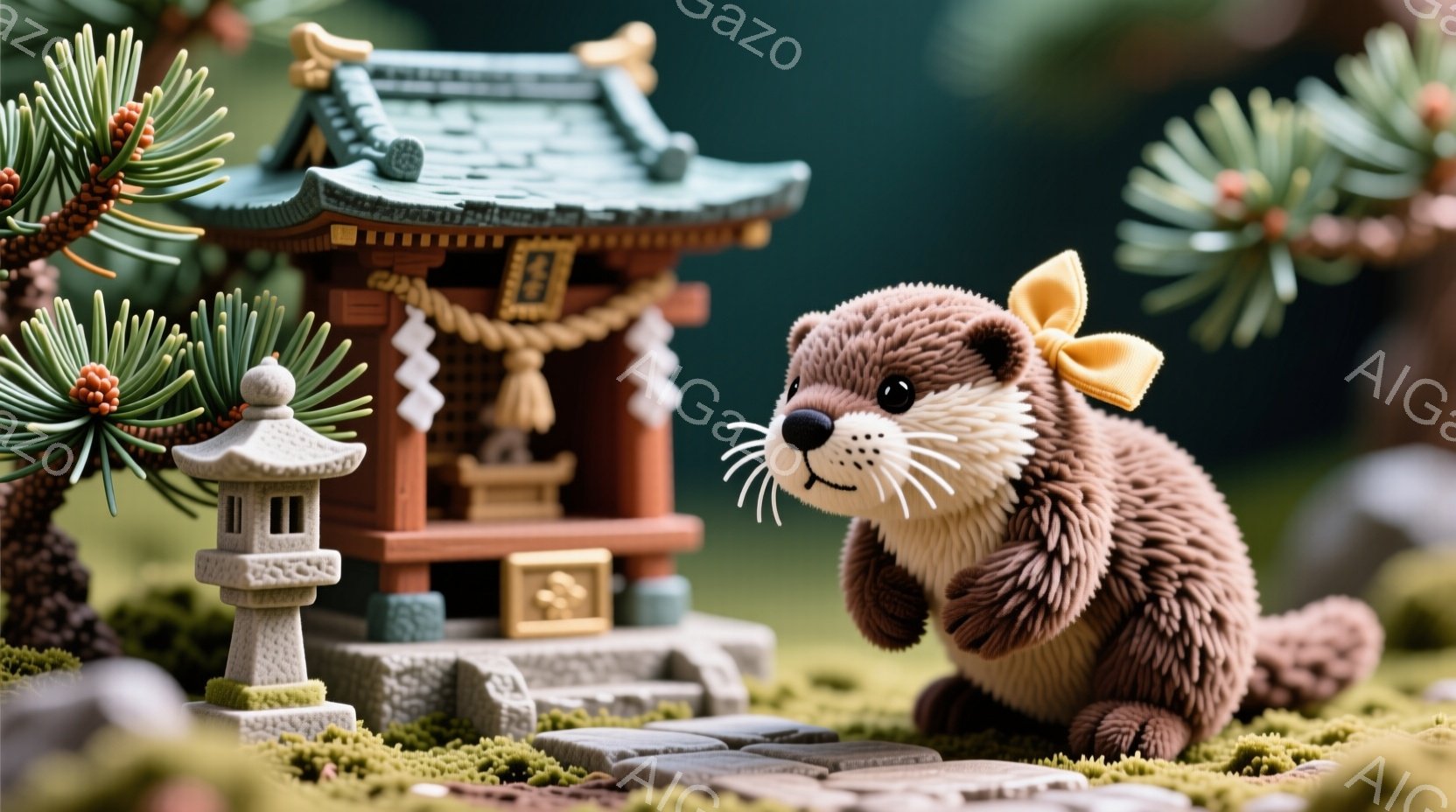 可愛らしいカワウソが、小さな神社に向かって歩いている様子が描かれています。カワウソは茶色の毛並みで、首に黄色いリボンをつけており、可愛らしい表情をしています。背景には苔むした石畳と、伝統的な日本の神社 - AI生成フリー素材