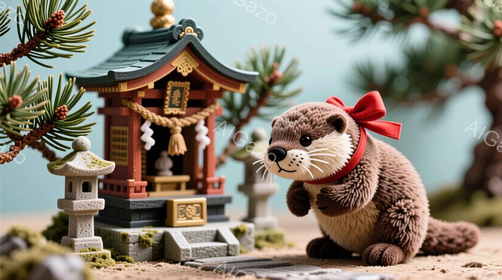 愛らしいカワウソが、小さな神社に向かって歩いている様子が描かれています。カワウソは赤いリボンを首に巻き、前足を少し上げて、まるで参拝しようとしているかのような可愛らしいポーズをとっています。背景には、 - AI生成フリー素材