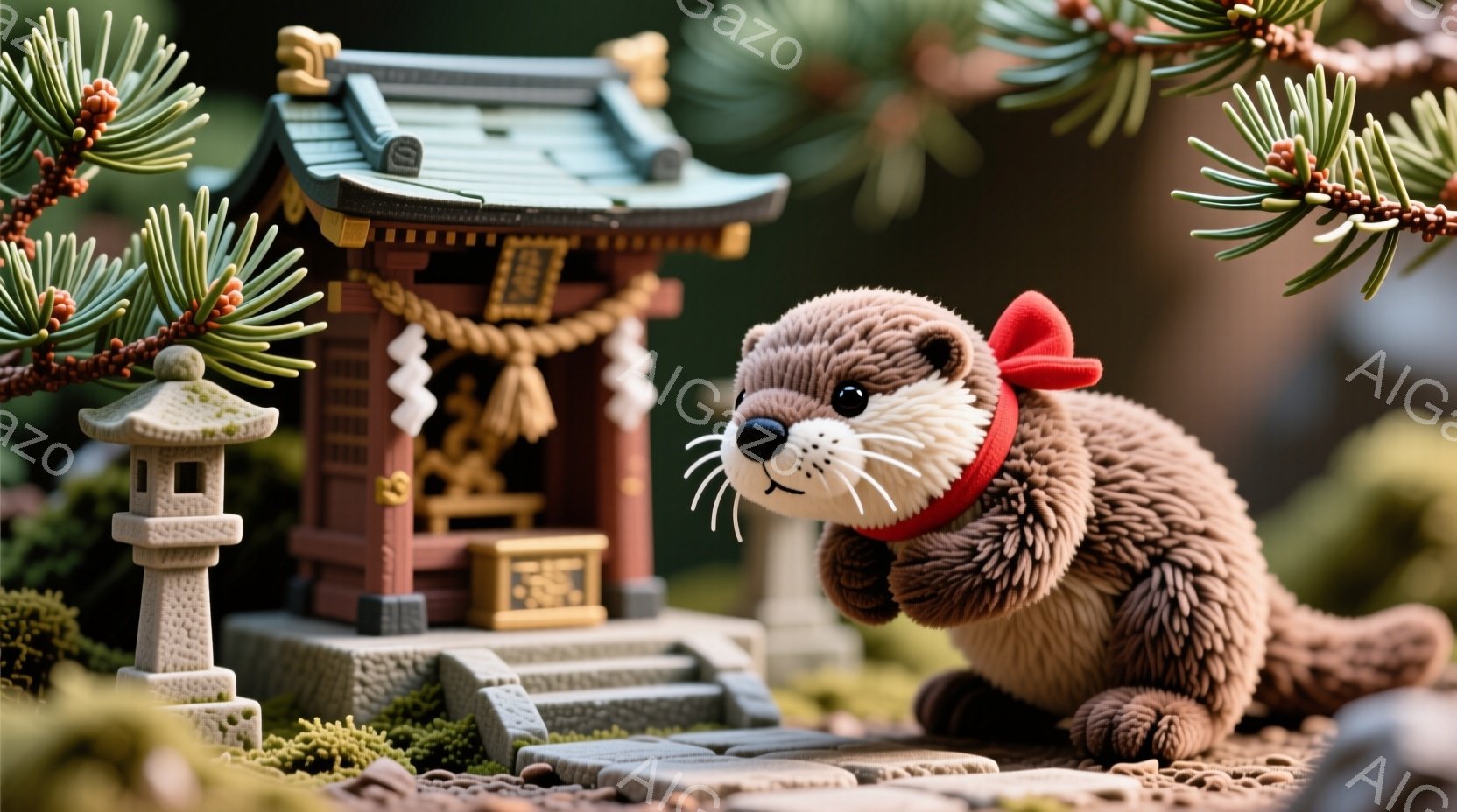 ぬいぐるみのようなカワウソが、小さな神社に向かって歩いている様子が描かれています。赤い頭巾を巻き、可愛らしい表情で、まるで参拝に向かう信者のようです。背景には緑豊かな自然と神社があり、静かで穏やかな雰 - AI生成フリー素材