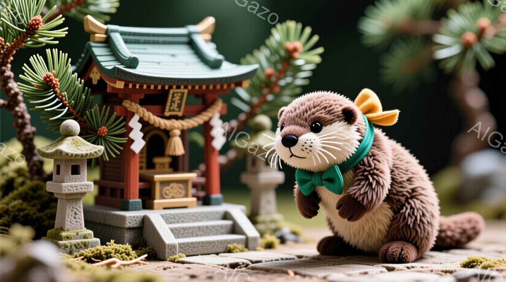 画像は可愛らしいカワウソのぬいぐるみが、小さな神社のような背景の前で立っている様子を描いています。カワウソは緑色の蝶ネクタイと、頭に黄色い飾りをつけており、愛らしい表情をしています。背景には、苔むした石畳、灯籠、そして鮮やかな朱色の神社があり、全体的に温かく、幻想的な雰囲気を醸し出しています。