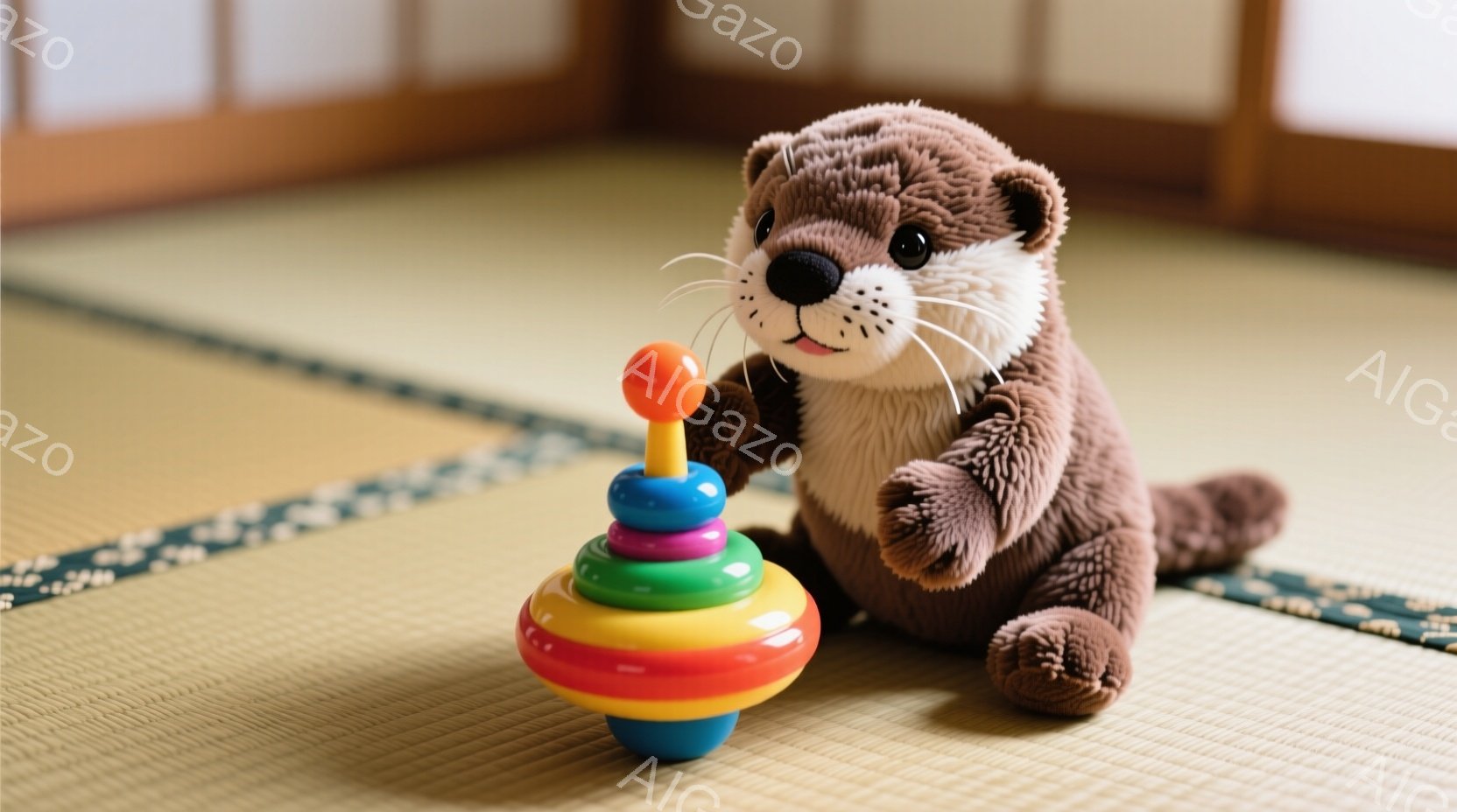 ぬいぐるみのアザラシが畳の上に座っており、カラフルな積み木のおもちゃを見つめています。アザラシは茶色い毛並みで、つぶらな瞳と愛らしい表情をしています。背景は畳の部屋で、日本の伝統的な雰囲気が漂っています。