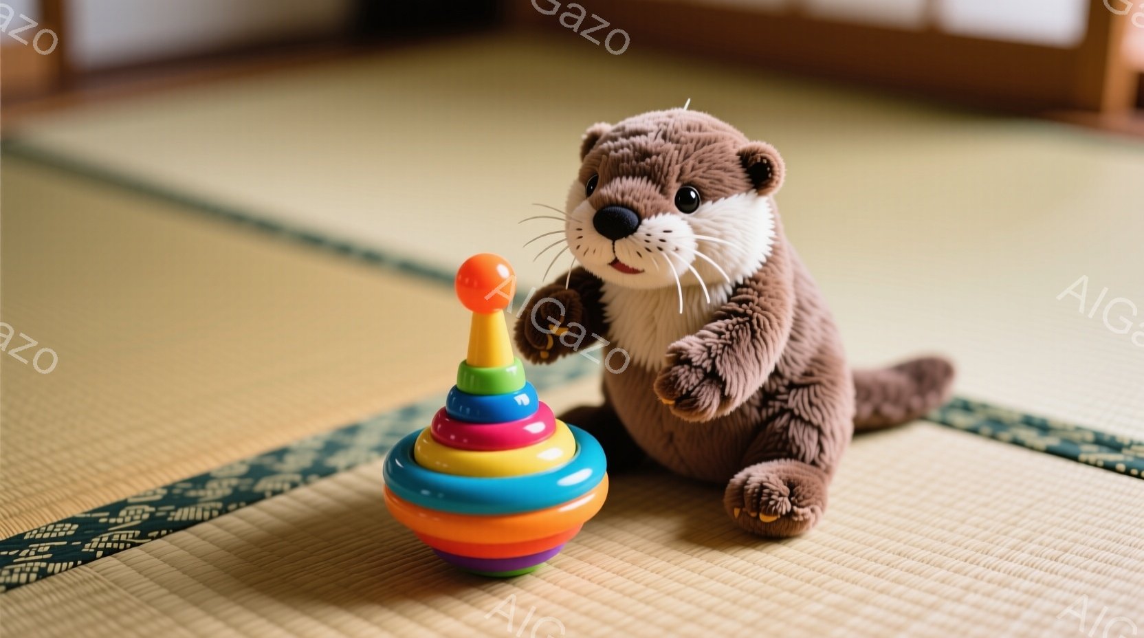 茶色いカワウソのぬいぐるみは、カラフルな積み木のおもちゃを前にして座っています。ぬいぐるみは少し微笑んでおり、片方の前足で積み木の一番上の赤い部分に触れています。背景は畳の床で、明るい自然光が差し込み、温かく穏やかな雰囲気を作り出しています。