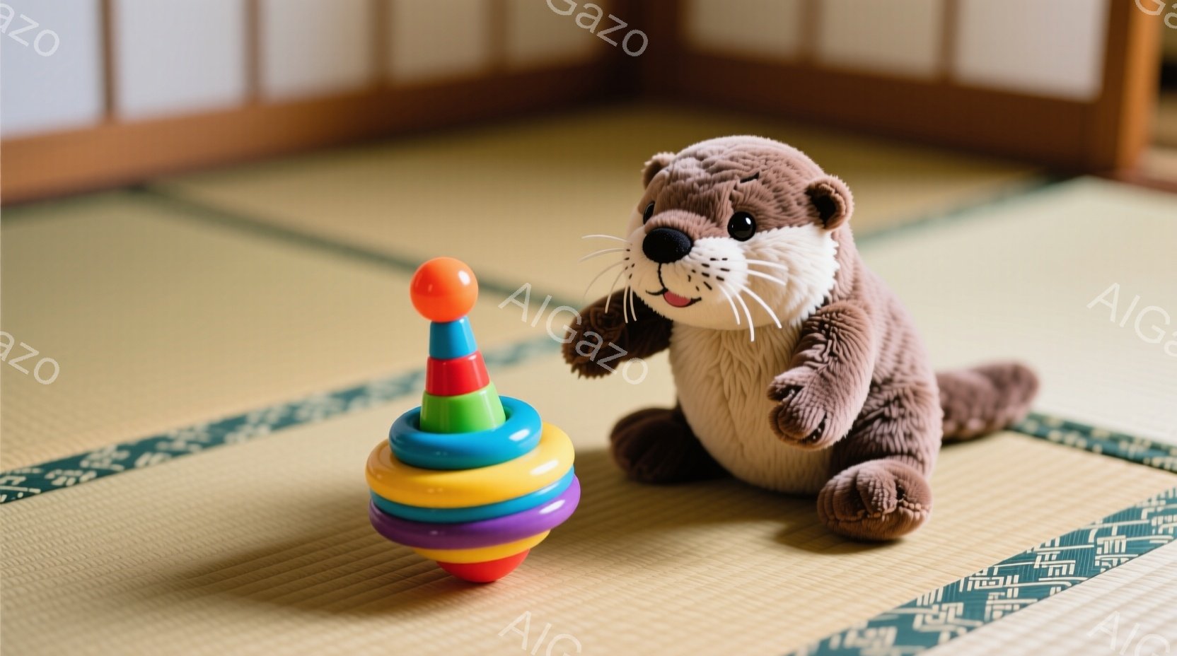 畳の上に、カラフルな積み木のおもちゃと、ふわふわのカワウソのぬいぐるみがあります。カワウソのぬいぐるみは座っており、少し微笑んでいるように見え、温かい雰囲気を醸し出しています。背景には木製の柵が見え、室内であることが分かります。