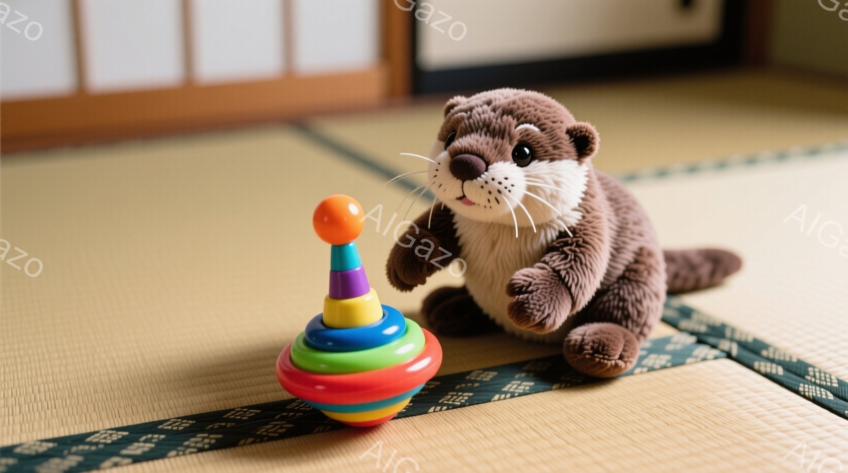 畳の上に、かわいらしいカワウソのぬいぐるみとカラフルな積み木のおもちゃが置かれています。カワウソのぬいぐるみは茶色で、前足で積み木を抱え、少し上目遣いで優しい表情をしています。背景には障子と薄暗い木製の壁が見え、全体的に温かく穏やかな雰囲気です。