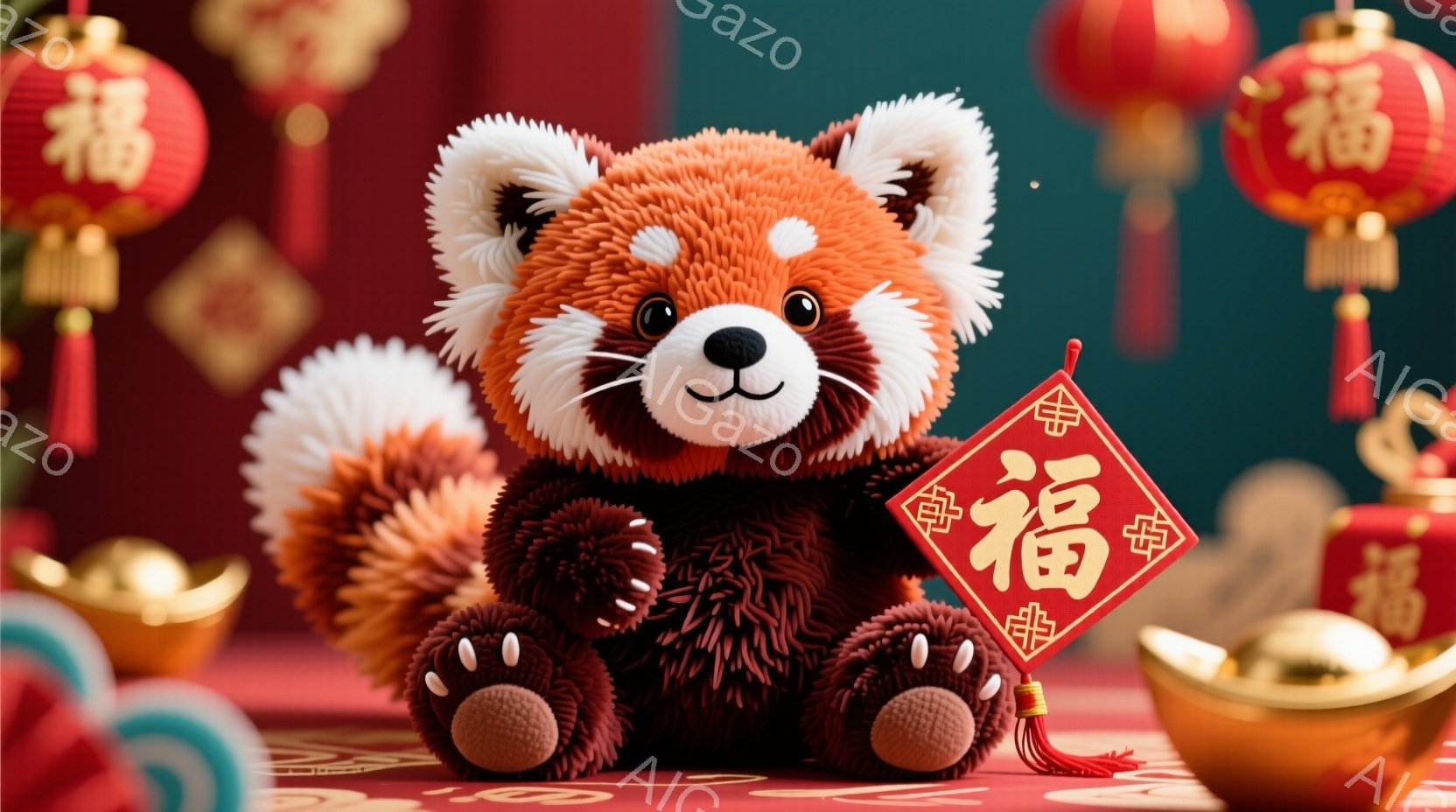 赤い毛並みでふわふわとしたレッサーパンダが、赤い提灯と金色の縁起物（金塊のようなもの）に囲まれて座っています。提灯には「福」という漢字が書かれており、新年のお祝いを象徴しています。全体的に暖かく、お祭 - AI生成フリー素材