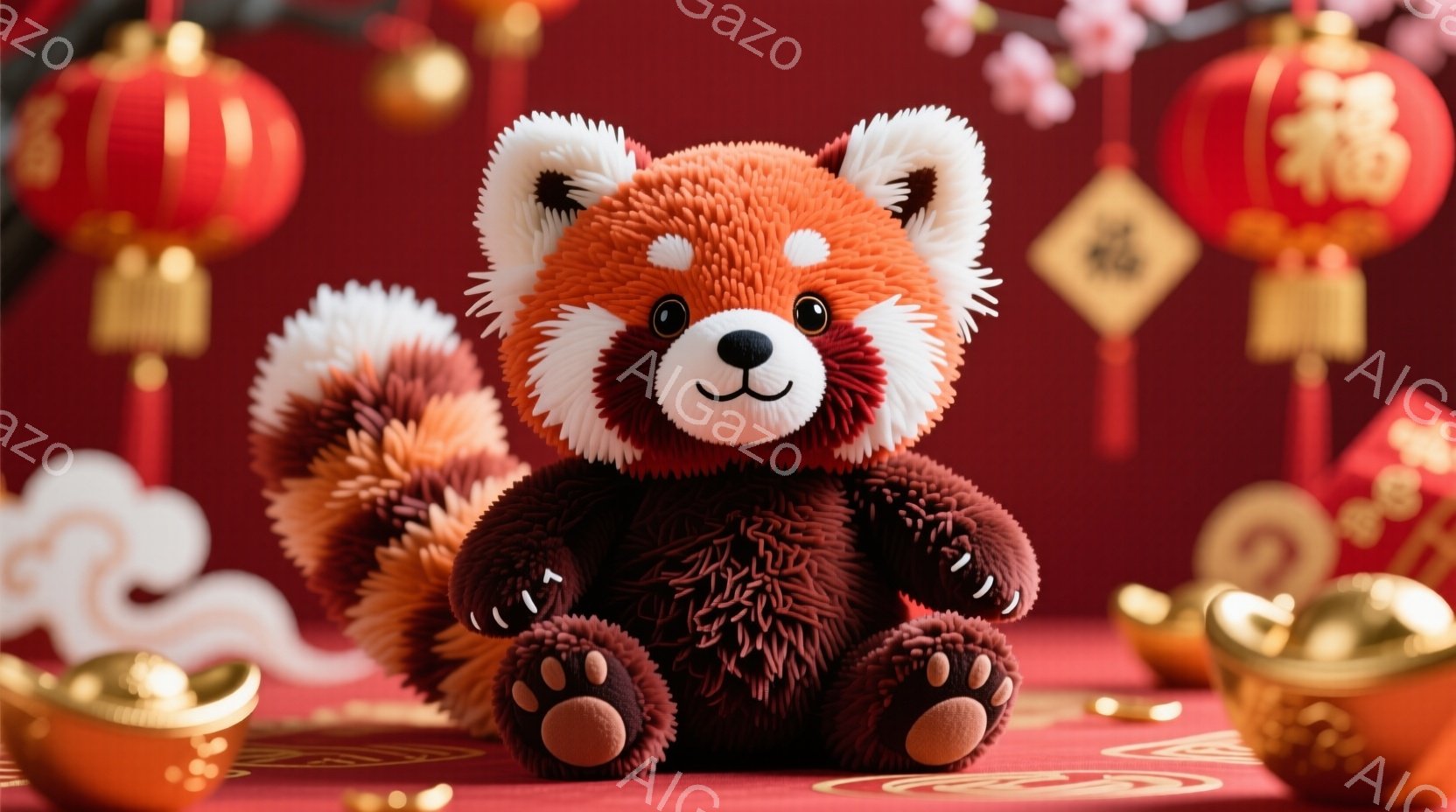鮮やかな赤茶色の毛並みを持つレッサーパンダが、赤いテーブルの上に座っています。つぶらな瞳と小さな鼻が愛らしく、穏やかな表情を浮かべています。背景には中国の旧正月を祝う提灯や金色の装飾が散りばめられており、華やかで幸福な雰囲気を醸し出しています。