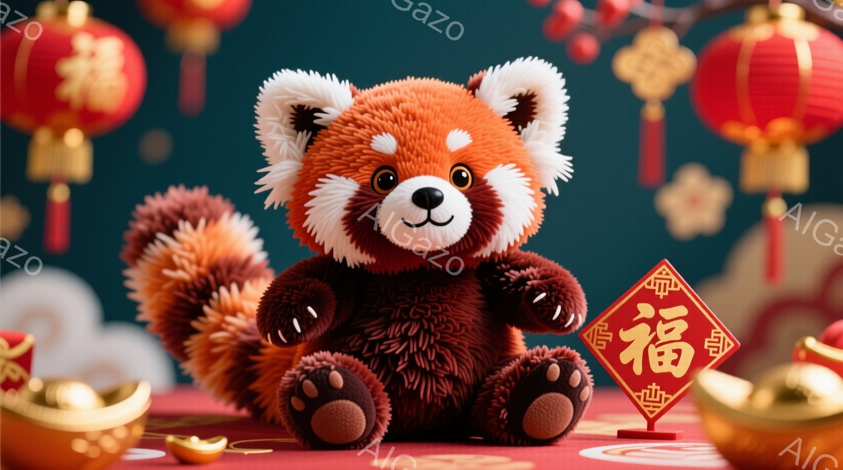 ふわふわの赤毛のレッサーパンダが、赤いテーブルの上に座っています。背景には、中国風の提灯や金色の装飾が散りばめられ、お祝いの赤い紙切れが立っています。全体的に暖かく、おめでたい新年の雰囲気が漂っていま - AI生成フリー素材