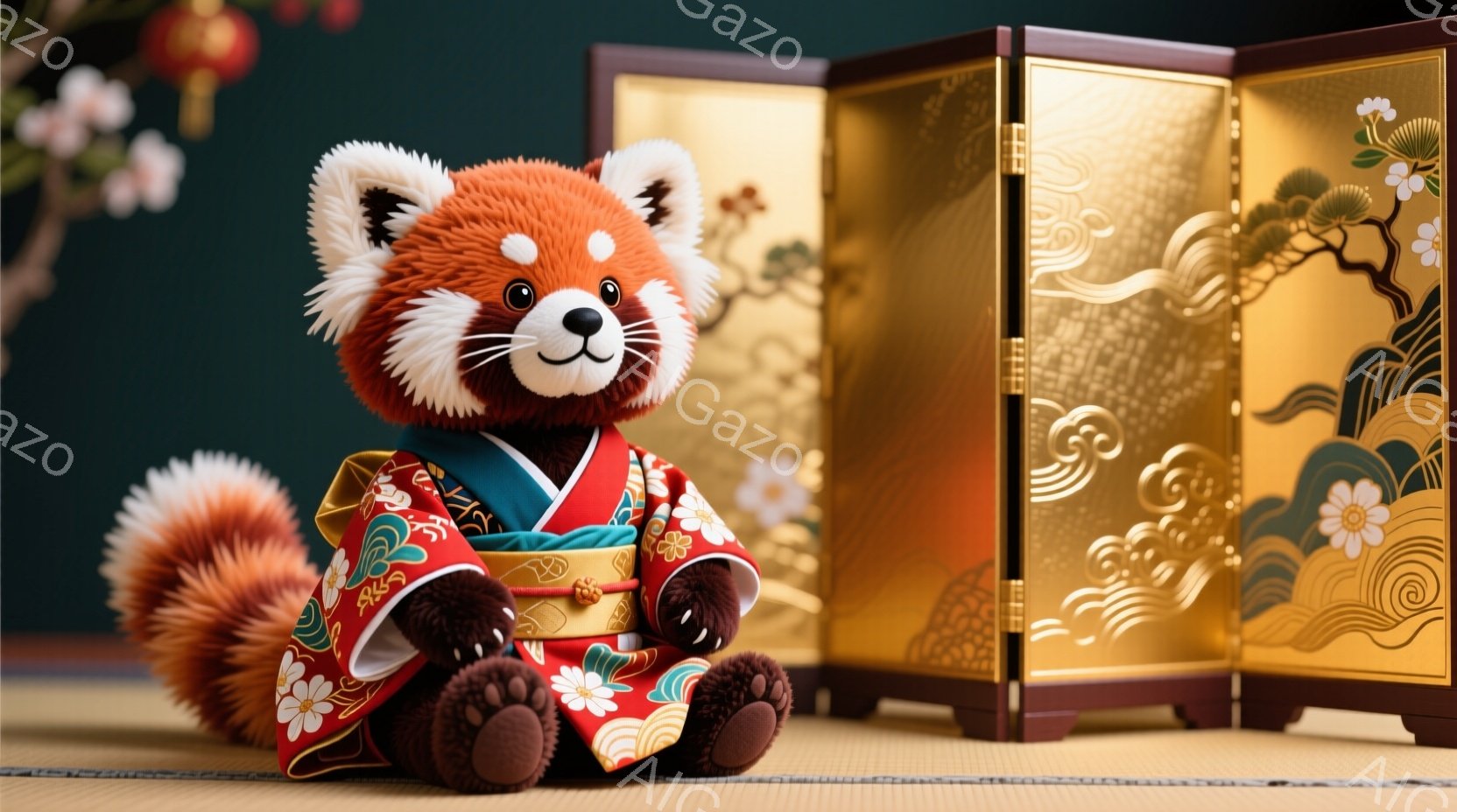 赤いパンダのぬいぐるみは、鮮やかな赤い着物を着て座っています。着物には、緑、金、白の花模様が描かれており、金色の帯で締められています。背景には、金色の波と花が描かれた屏風と、ぼやけた赤い飾りが見え、穏やかで華やかな雰囲気が漂っています。