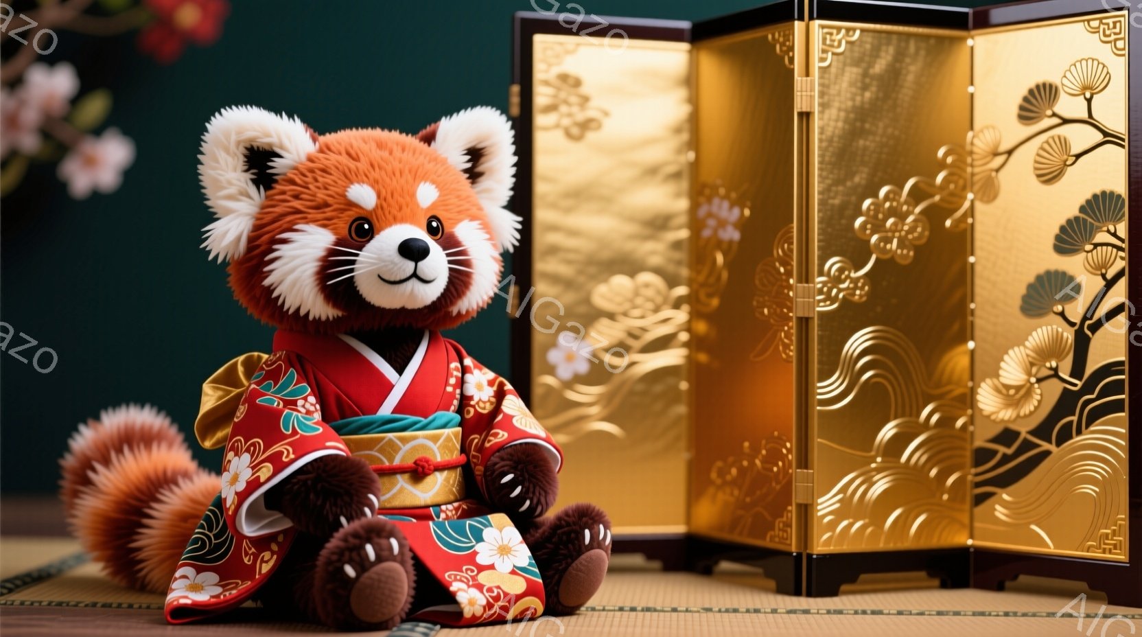 赤いパンダのぬいぐるみは、鮮やかな赤い着物に身を包み、金色の花柄の帯で締まっています。ちょこんと座り、穏やかな表情で正面を見つめており、ふっくらとした手足が可愛らしいです。背景には金色の模様が美しい引 - AI生成フリー素材