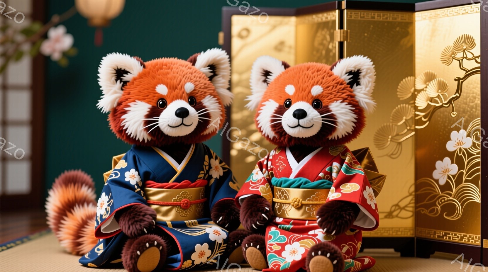 赤い弁当箱の中に、ふわふわのレッサーパンダのぬいぐるみが座っています。周りには、寿司、卵焼き、エビ、野菜が盛り付けられており、可愛らしい雰囲気です。背景には、白いお皿と箸が見え、日本の食文化を感じさせます。