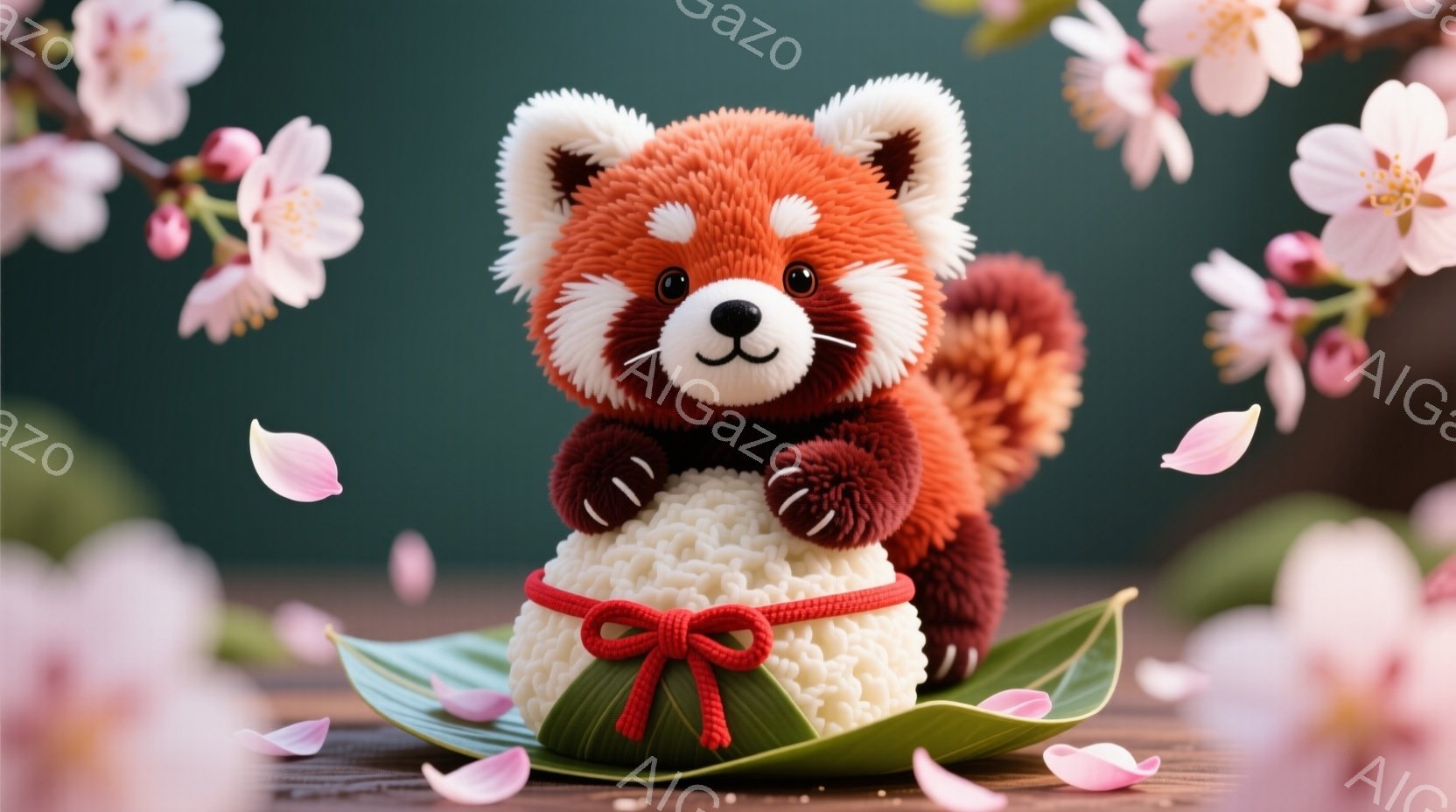 赤いパンダが、竹の葉の上に置かれたおにぎりの上に座っています。パンダは微笑んでおり、赤いリボンを身につけています。背景には桜の花びらが舞い、春らしい暖かく穏やかな雰囲気を醸し出しています。