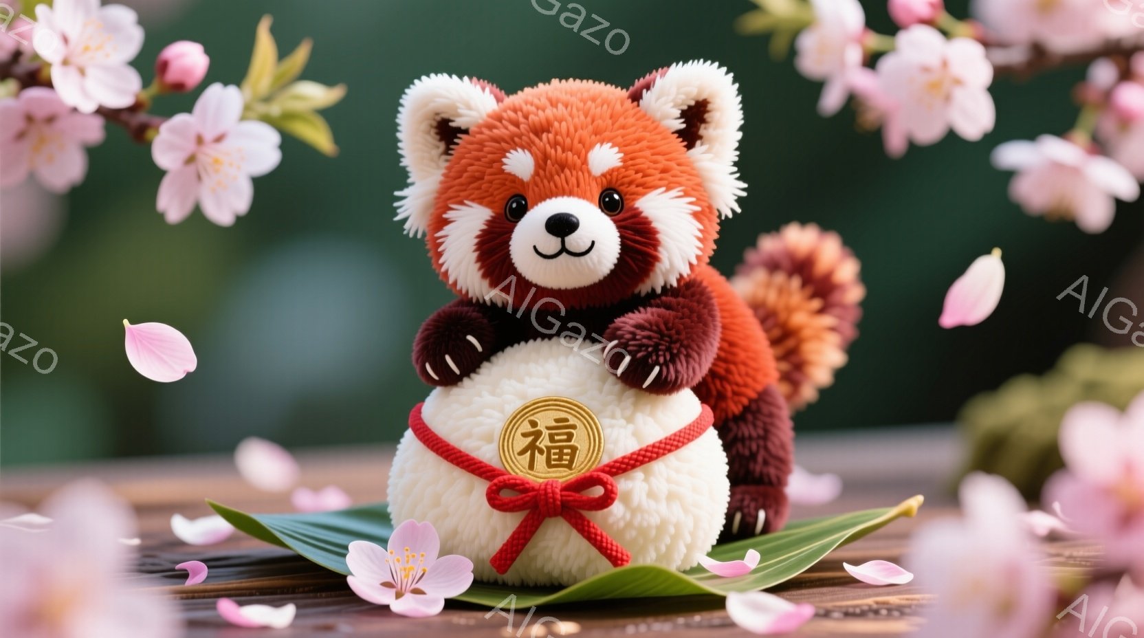 赤いパンダのぬいぐるみが、緑色の葉の上で微笑んでいます。首には赤いリボンと「福」という文字が書かれた円形の飾りをつけており、全体的に暖かく幸せな雰囲気を醸し出しています。背景には桜の花が咲き乱れ、春の穏やかな季節を感じさせます。