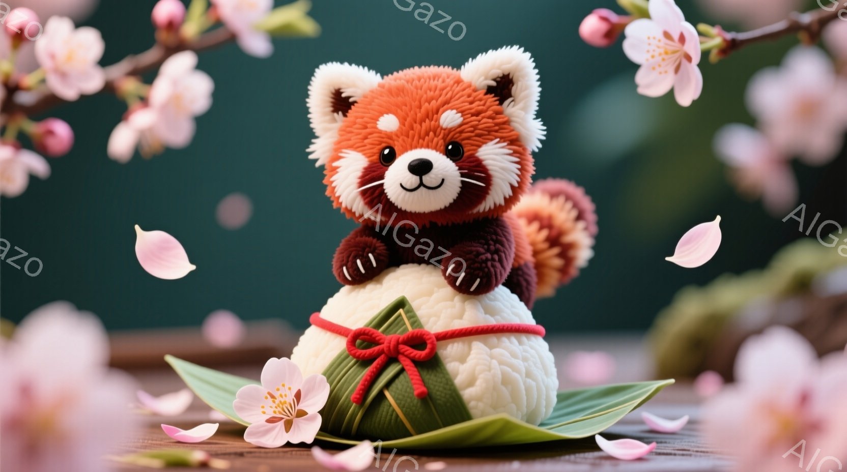 赤いパンダが、緑色の葉の上に置かれたおにぎりの上に座っています。パンダは笑顔で、赤いリボンを結んだ小さな着物を着ています。背景には桜の花びらが舞い、春らしい穏やかで可愛らしい雰囲気が漂っています。