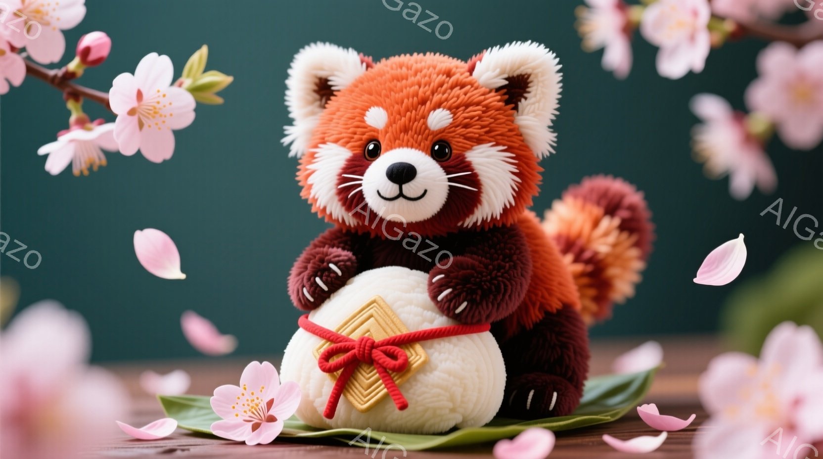 鮮やかな赤褐色のレッサーパンダが、白いお餅のような大きな塊の上に座っています。それは、赤い紐で結ばれた金色のタグが付いた、まるでプレゼントのような形をしています。背景には、桜の花びらが舞い、春の暖かく穏やかな雰囲気が漂っています。