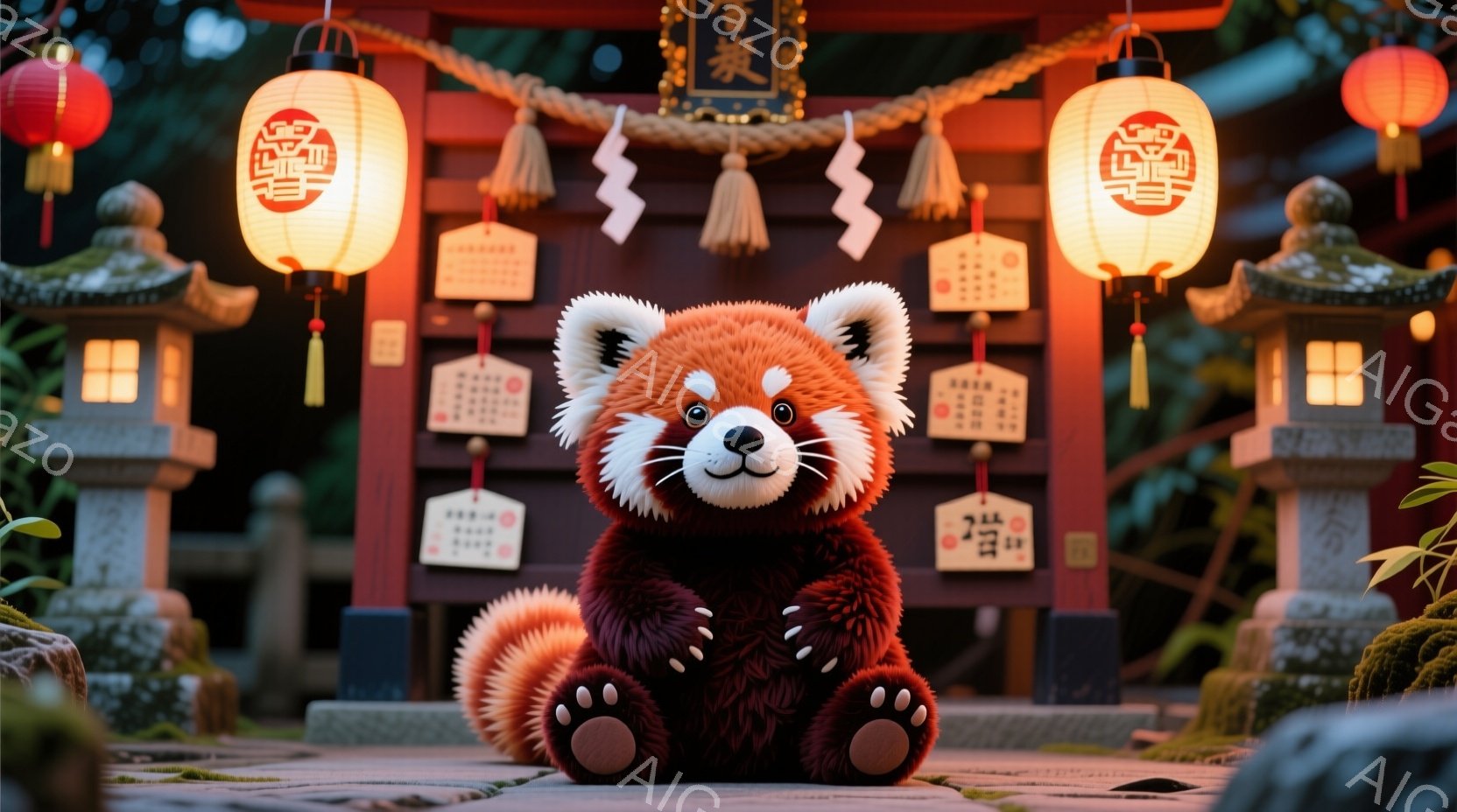 赤いパンダが神社の石段に座っています。背景には赤い鳥居と石灯籠、緑豊かな自然があり、日本の伝統的な雰囲気が漂っています。パンダは正面を向き、可愛らしい表情で、温かく穏やかな印象を与えます。