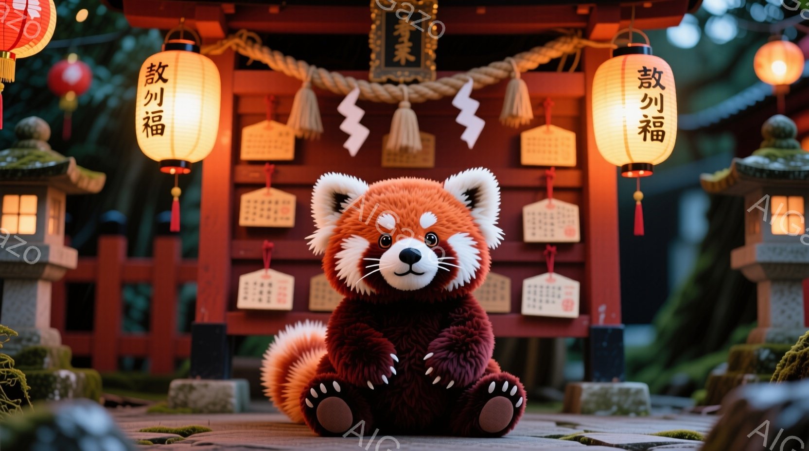 赤いパンダの人形が、朱色の鳥居の前で座っています。背景には提灯が灯り、緑豊かな木々が鳥居を囲んでいます。全体的に、静かで神聖な雰囲気があり、日本の伝統的な風景と愛らしいパンダの組み合わせが印象的です。