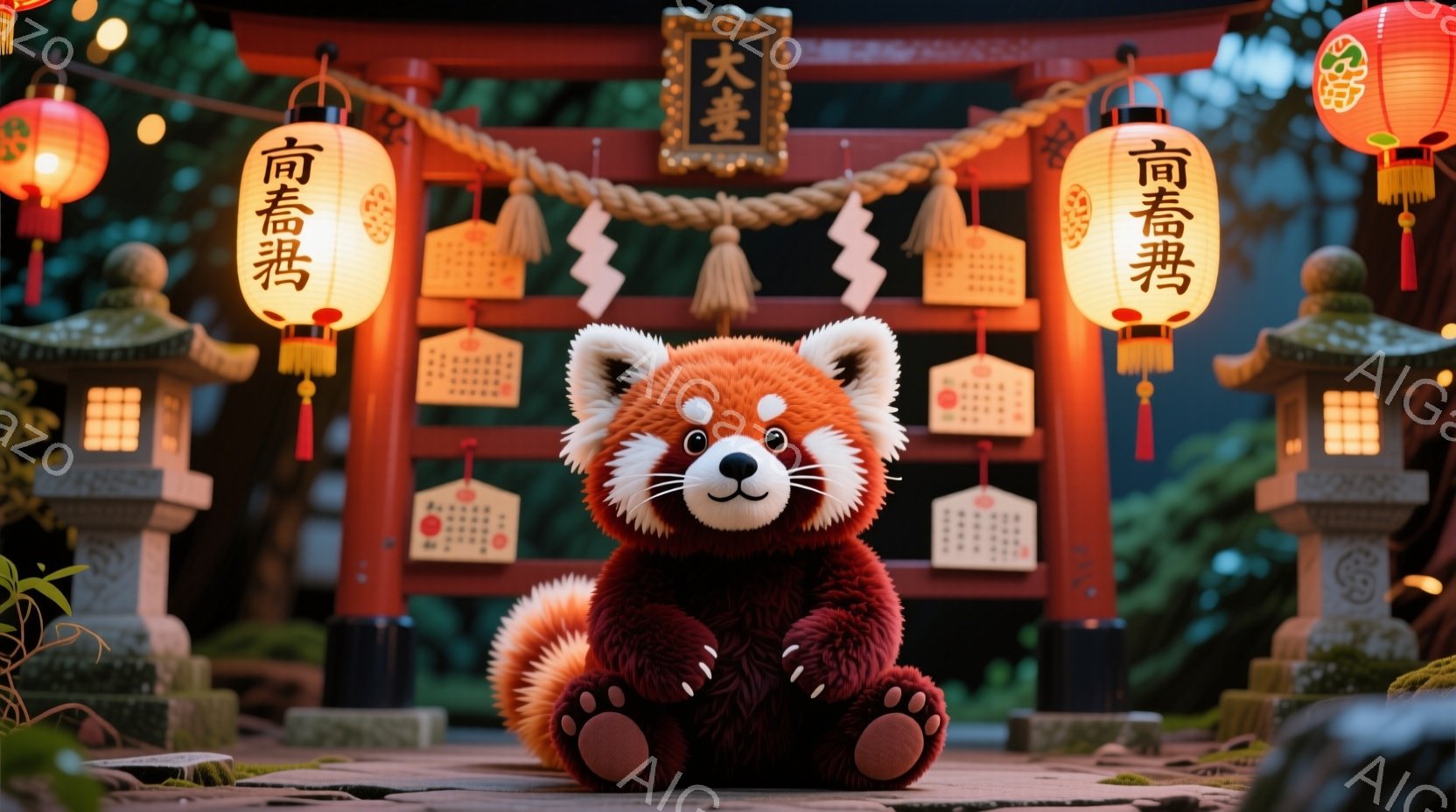 可愛らしいレッサーパンダが、日本の神社のような場所で座っている様子を描いています。背景には、赤い鳥居、石灯籠、緑豊かな植物があり、お祭りや祝賀の雰囲気が漂っています。レッサーパンダは丸く、ふっくらとし - AI生成フリー素材