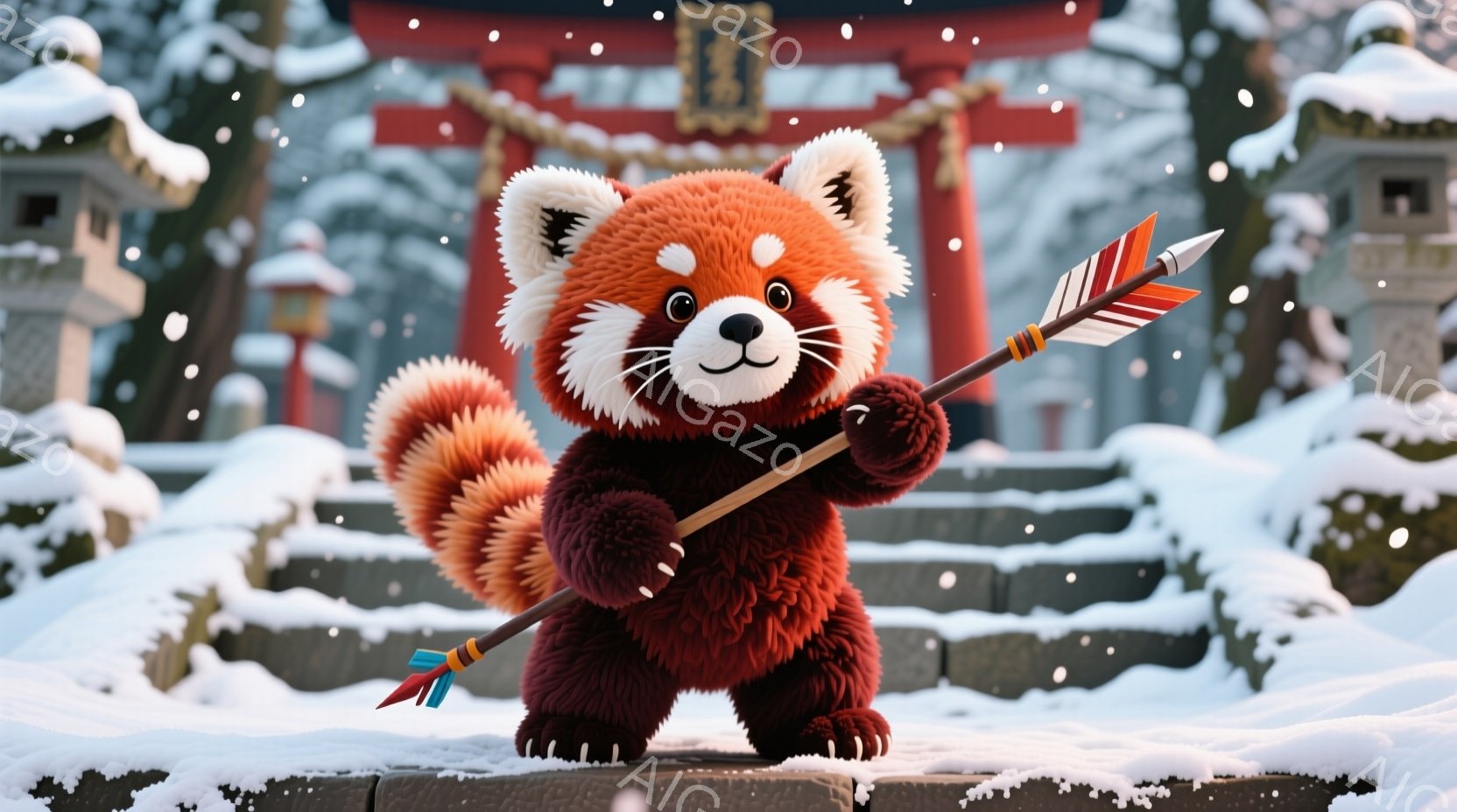 赤茶色の毛並みを持つレッサーパンダが、石段の上に立って弓矢を構えています。背景には雪が降り積もる神社が見え、雪化粧された屋根や灯篭が冬の雰囲気を醸し出しています。愛らしい表情と雪景色が相まって、温かく幻想的な情景が広がっています。