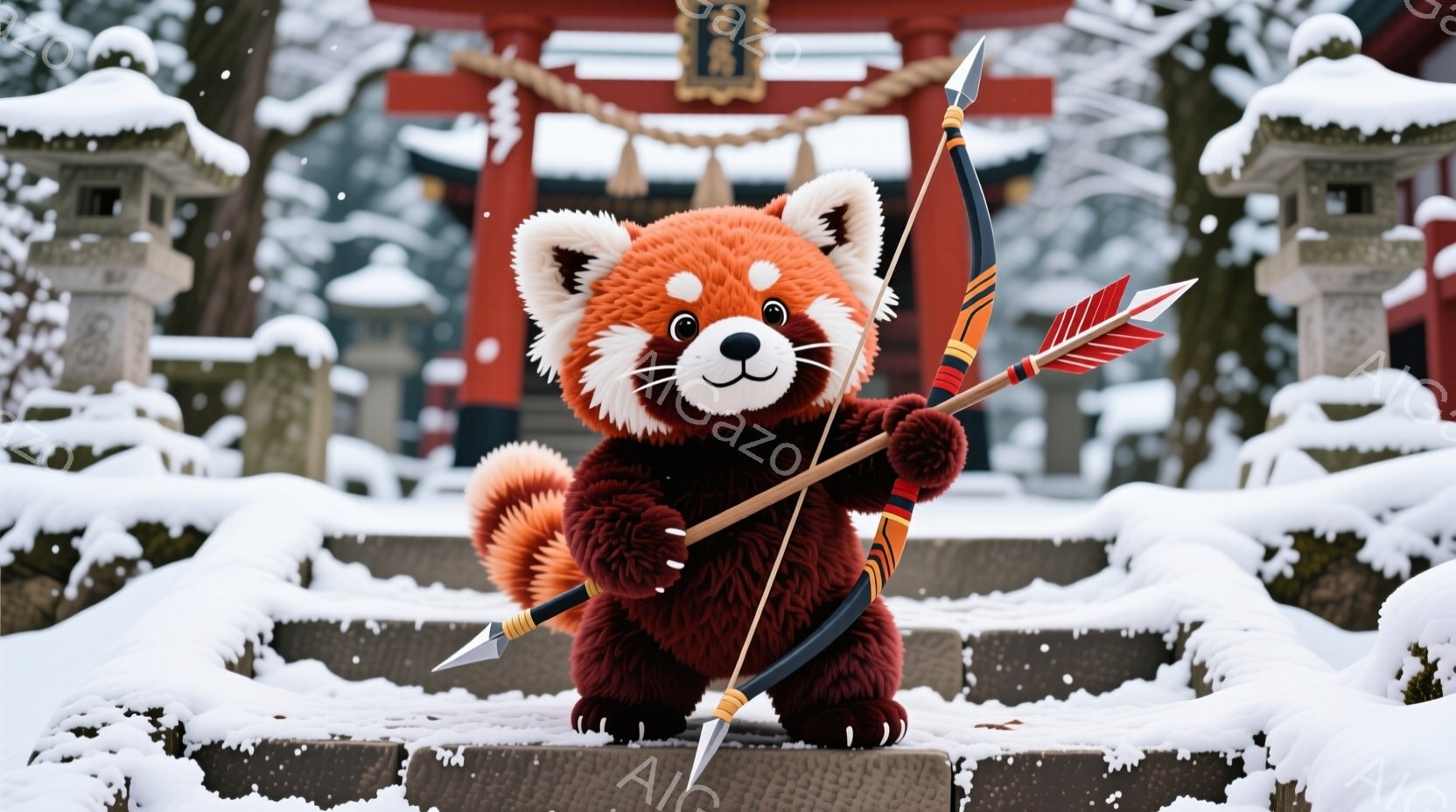 ふわふわの赤茶色のレッサーパンダが、弓と矢を抱えて階段に立っています。表情は穏やかで、まるで狩りに出かける準備をしているかのようです。背景には雪景色と伝統的な日本の寺院や鳥居が見え、冬の静寂と厳かな雰囲気が漂っています。