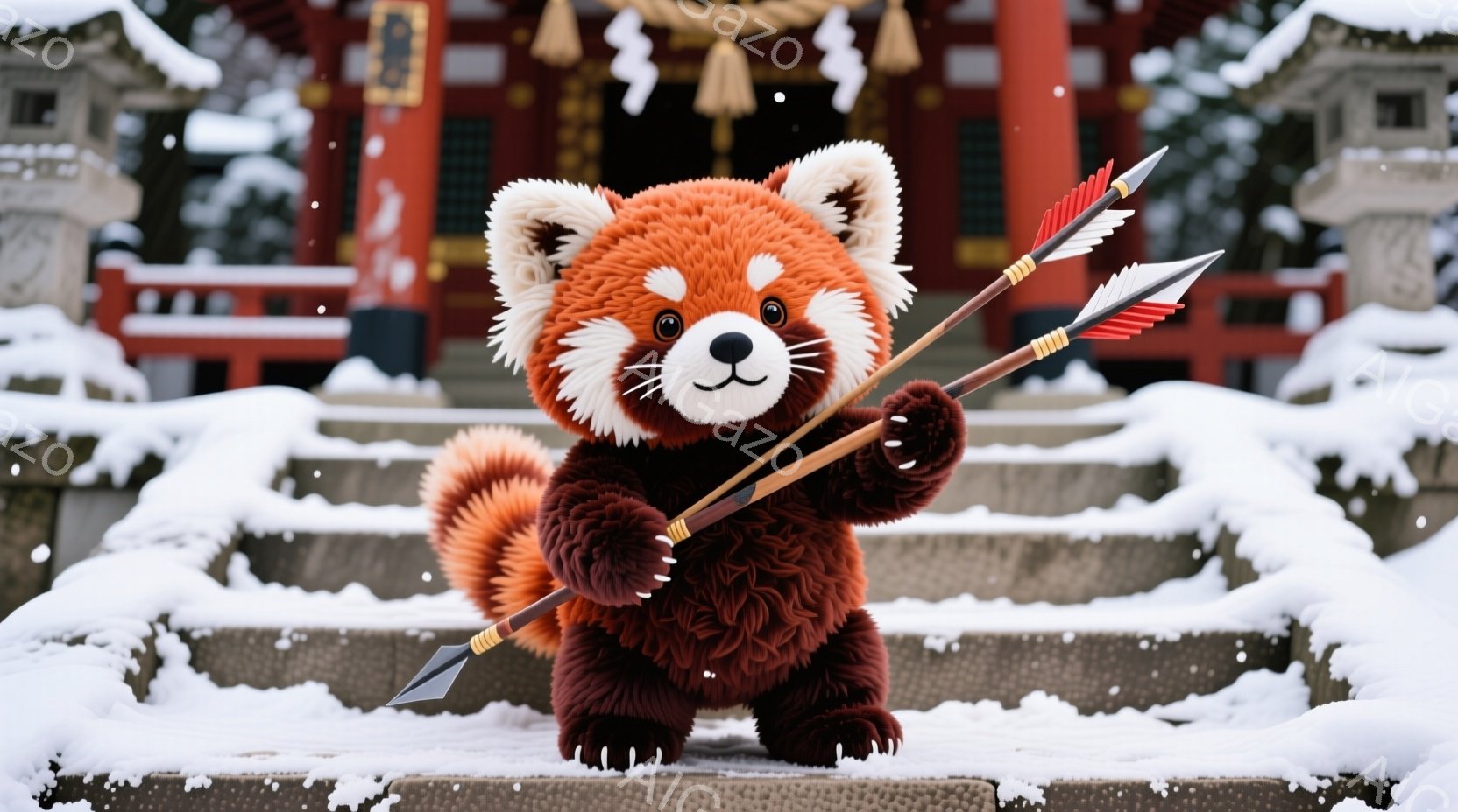 雪景色の中、階段に立つレッサーパンダが描かれています。ふさふさの毛並みと、嬉しそうな表情が印象的で、両手に矢を構えている姿は武者らしさを感じさせます。背景には朱色の神社の建物が見え、冬の静寂と神聖な雰囲気が漂っています。