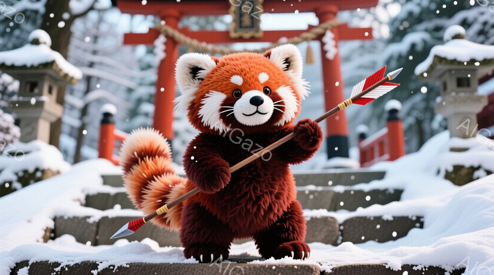 赤い毛並みの可愛らしいレッサーパンダが、石段の上を歩いている様子が描かれています。手には矢筒と矢を持ち、凛々しい表情で前を見据えています。背景には雪景色の中に朱色の鳥居と石灯籠が見え、幻想的な冬の雰囲気を醸し出しています。