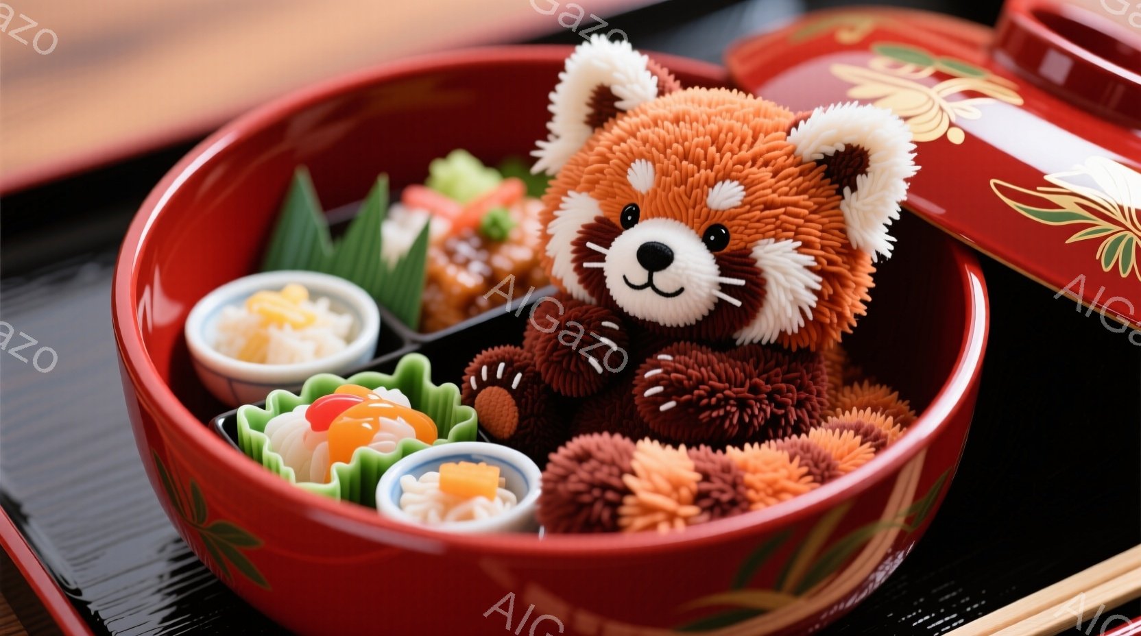 赤い弁当箱の中に、ふわふわの茶色のレッサーパンダのぬいぐるみが座っています。ぬいぐるみは笑顔で、小さな手足を広げ、周りにはご飯やおかずが彩り豊かに配置されています。背景は黒い食卓で、全体的に可愛らしく、温かい雰囲気が漂っています。