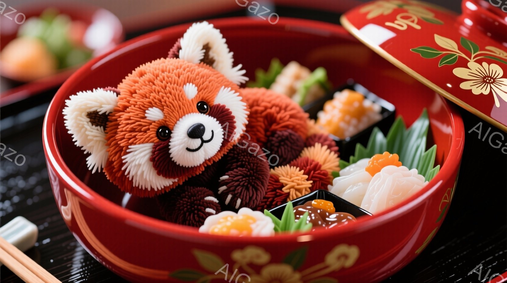 赤い弁当箱の中に、ふわふわの赤いパンダのぬいぐるみが入っています。パンダは丸い体で、可愛らしい表情をしています。周りには、寿司や野菜などのおかずが彩り豊かに盛り付けられ、全体的に温かく、食欲をそそる雰囲気です。