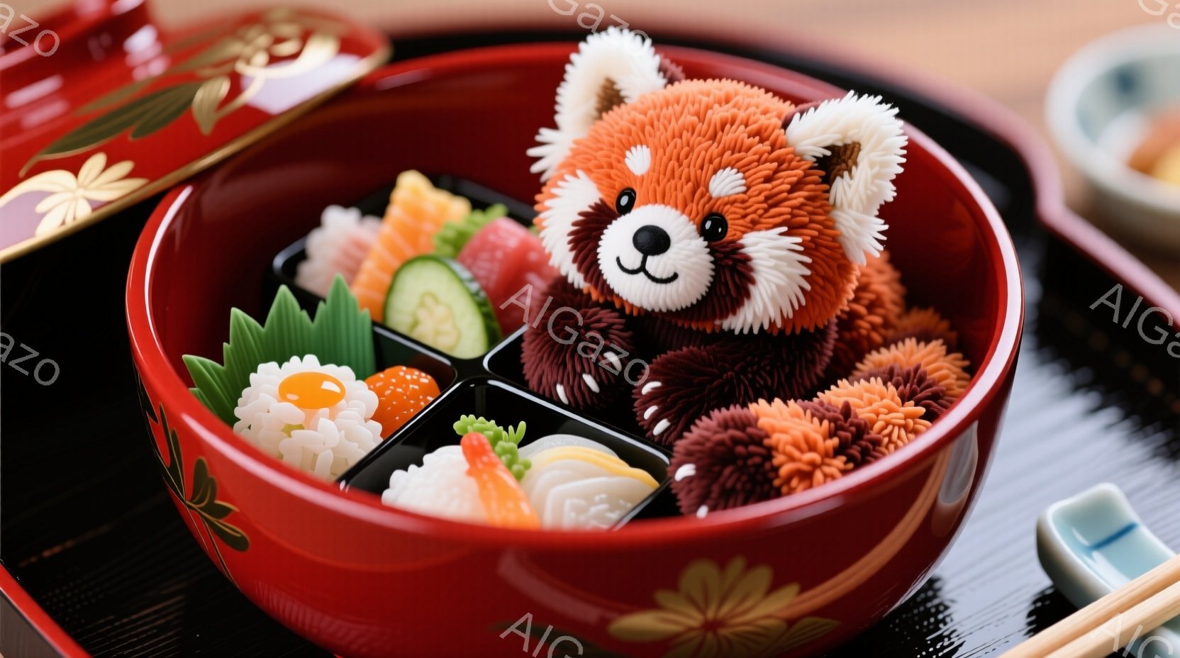 赤い弁当箱の中に、ふわふわの赤茶色のパンダのぬいぐるみが座っています。パンダは可愛らしい表情で、周りには寿司や卵焼きなどの日本の伝統的なお弁当のおかずが並んでいます。背景は黒色のテーブルで、右側には白い小皿と箸が見え、全体的に温かく、可愛らしい雰囲気が漂っています。