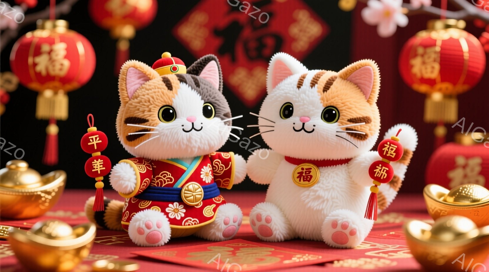 鮮やかな色彩の猫の置物が、赤い背景の中に寄り添って配置されている。各猫は伝統的な衣装を着ており、片手に赤い紐で結ばれた金色の飾りを持っている。背景には中国の提灯や金貨が散りばめられ、お祝いの雰囲気を醸し出している。
