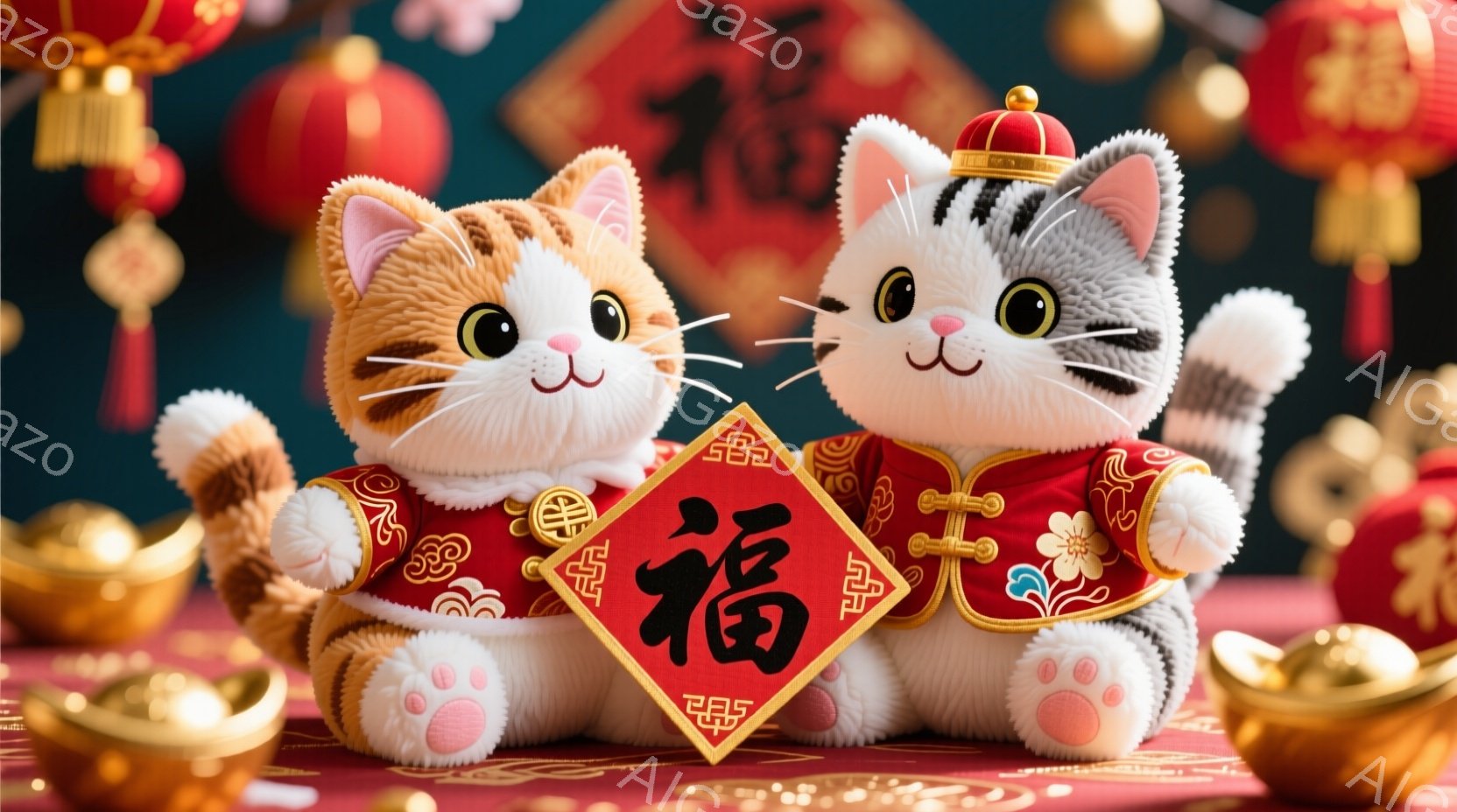 明るい背景には赤い提灯が飾られ、金色の縁起の良い飾り物が散りばめられています。二匹の猫は、それぞれオレンジとグレーの毛並みで、赤い衣装を身につけ、満面の笑みを浮かべています。両猫は「福」と書かれた飾り - AI生成フリー素材
