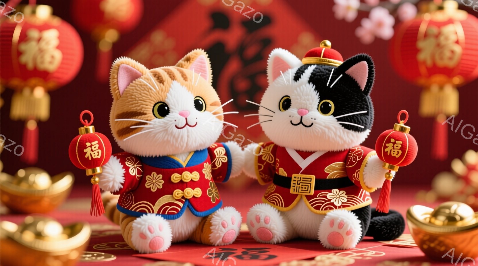可愛らしい猫のぬいぐるみが2匹、赤い背景を前に並んでいます。それぞれ異なる模様の着物と、提灯（ちょうちん）を持っています。背景には金色の装飾や赤い文字が描かれた飾りがあり、お祝いの雰囲気を醸し出してい - AI生成フリー素材