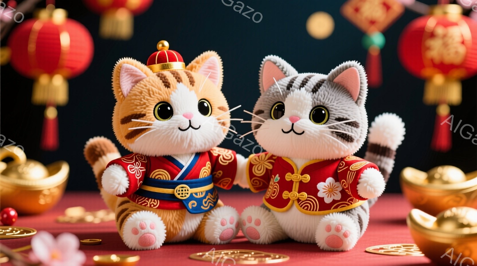伝統的な衣装を着た2匹の猫が並んで座っています。片方の猫は茶色と白の縞模様で、もう片方の猫は灰色と白の縞模様です。背景には赤い提灯、金貨、そして赤いテーブルクロスがあり、お祝いの雰囲気が漂っています。 - AI生成フリー素材