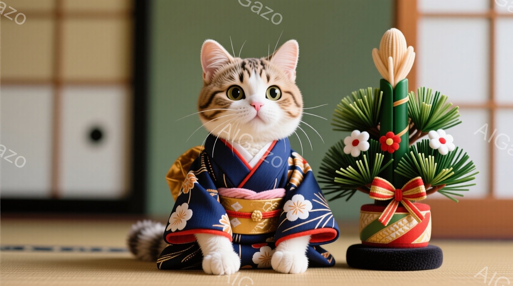 白地に黒い縞模様の猫が、鮮やかな青と金色の和服を着て座っています。猫は前足を揃えて座り、少し微笑んでいるような表情で、とても可愛らしいです。背景には畳と襖があり、日本の伝統的な空間と、お正月の飾りである鏡餅が猫の隣に置かれています。