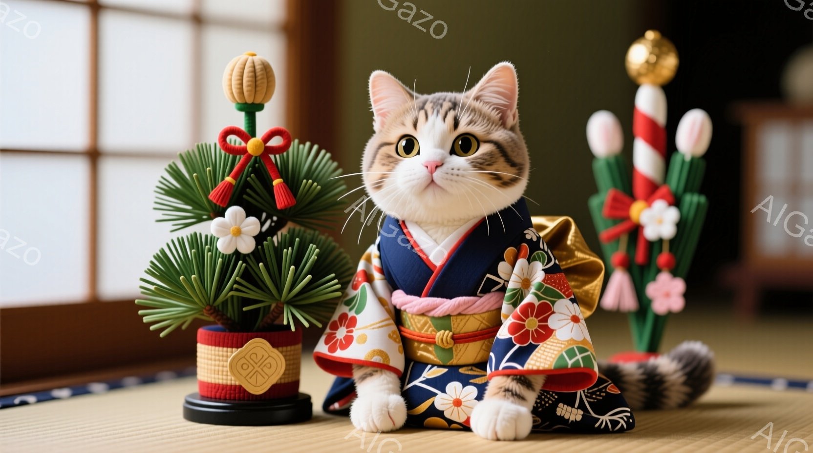 茶トラ猫が、鮮やかな藍色と金色の花柄の着物を着て、まっすぐ前を見て座っています。背景には、日本の伝統的な造花（松や竹など）が飾られており、畳の部屋に暖かく落ち着いた雰囲気が漂っています。猫は穏やかな表 - AI生成フリー素材