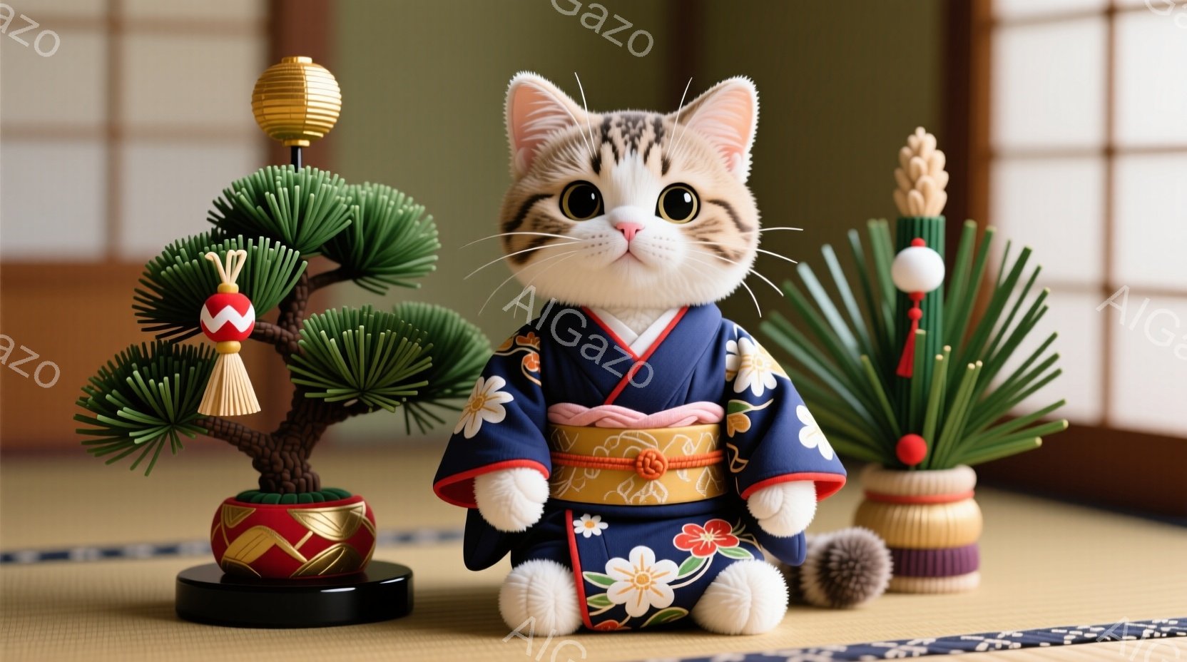 愛らしい子猫が濃い青色の着物を着て座っています。着物には白とピンクの花柄が描かれ、赤い帯が締めてあります。背景には、日本の伝統的な装飾である松や竹の飾りが見え、落ち着いた雰囲気を作り出しています。 - AI生成フリー素材