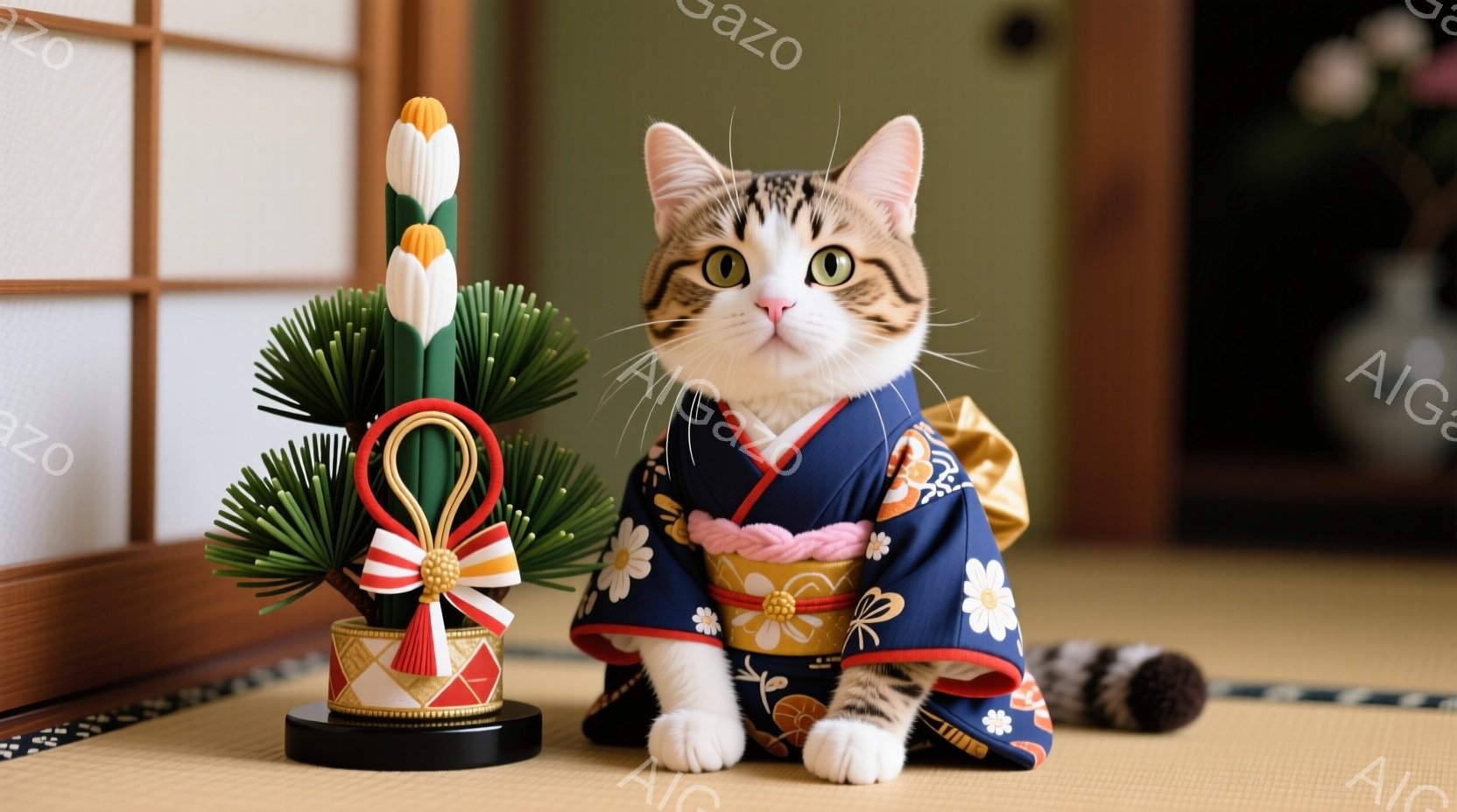 白と茶色の縞模様の猫が、紺色の地に白い花が散りばめられた着物を着て座っています。猫は正面を見ており、少し驚いたような表情をしています。背景には畳の床と、飾り物のような松と橘の造花、そしてぼやけた背景の生け花が見え、和やかな雰囲気が漂っています。