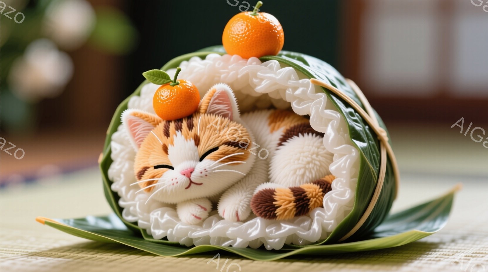 オレンジ色の毛並みを持つ猫が、まるで寿司の巻き物のように緑色の葉っぱと白い布で包まれています。猫は目を閉じて微笑んでおり、リラックスした様子が伝わってきます。背景は畳の床で、全体的に温かく可愛らしい雰囲気が漂っています。