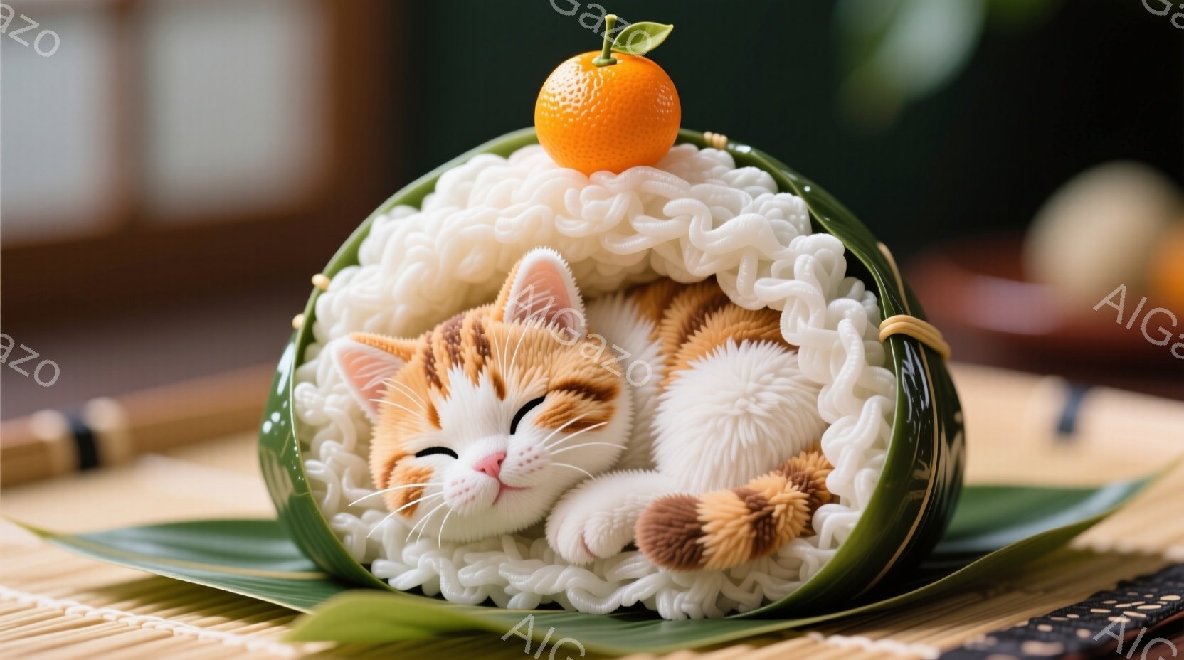 暖かく優しい雰囲気の画像です。オレンジ色の毛並みを持つ猫が、白い麺のような素材でできた籠の中に丸まって眠っています。背景には畳のような敷物と、ぼやけた植物が見え、全体的に穏やかで平和な印象を与えます。