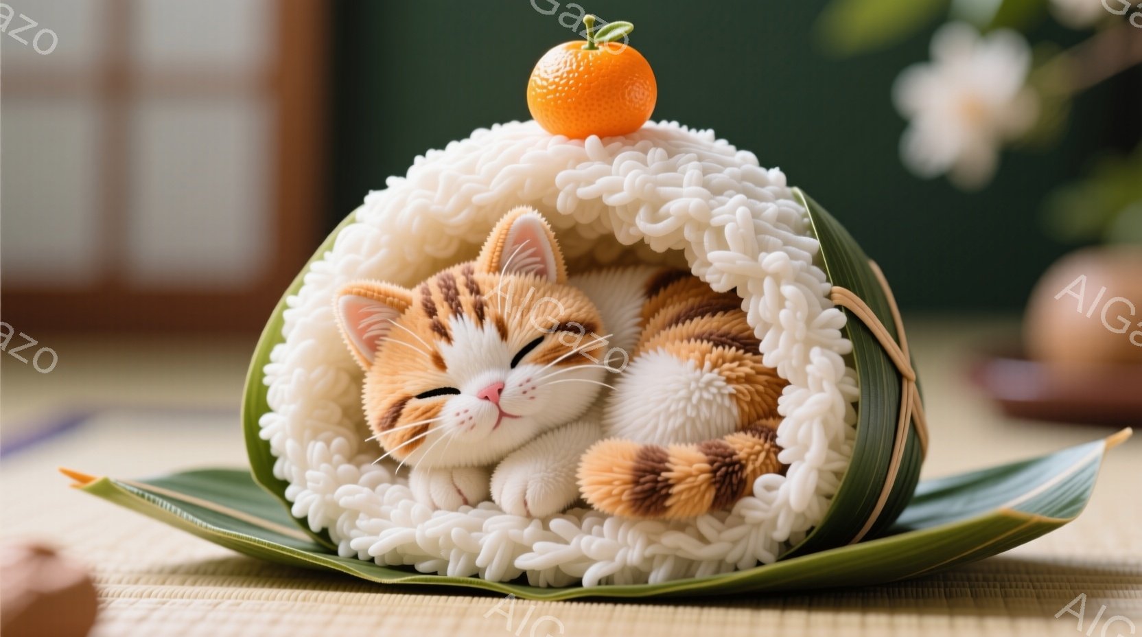 オレンジ色の小さな果物が乗ったご飯の葉っぱ包みの中に、虎柄の猫が丸まって眠っています。猫は目を閉じてリラックスした表情をしており、葉っぱの緑とご飯の白、そして猫の暖かい毛並みが可愛らしい雰囲気を醸し出しています。背景には畳が見え、日本の伝統的な静けさと温かさを感じさせます。