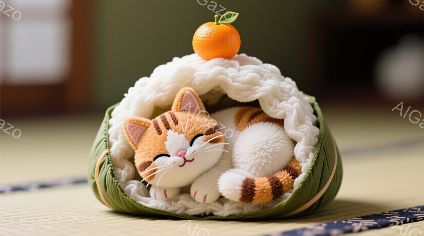 オレンジ色の小さな猫が、緑色の海苔のようなもので包まれた白いご飯の山の中に丸まって眠っています。猫は目を閉じ、穏やかな表情をしており、とても可愛らしい姿です。背景には畳の床が見え、日本の伝統的な雰囲気が漂っています。