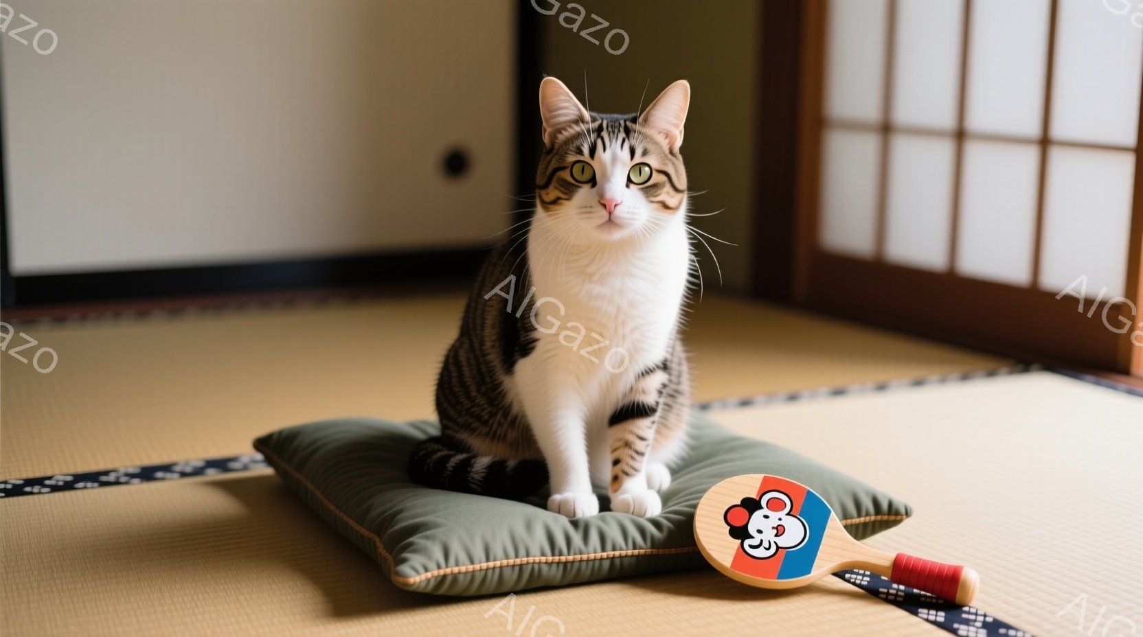 白と茶色の縞模様の猫が、緑色の座布団の上に座って正面を見つめています。猫はリラックスした表情で、まるでモデルのようにポーズをとっています。背景には畳の部屋があり、日本の伝統的な雰囲気が漂っています。