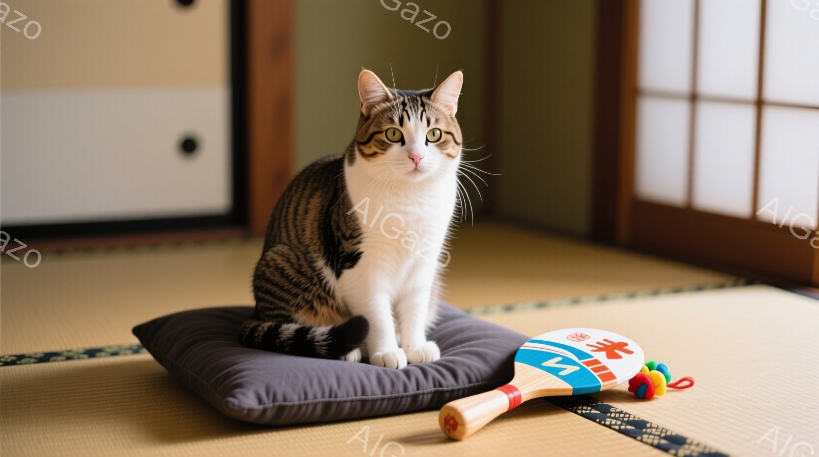 白と黒の縞模様の猫が、座布団の上に座ってこちらを見ています。猫は少し緊張した表情で、まっすぐ前を向いています。背景には畳の部屋が広がり、日本の伝統的な雰囲気が漂っています。